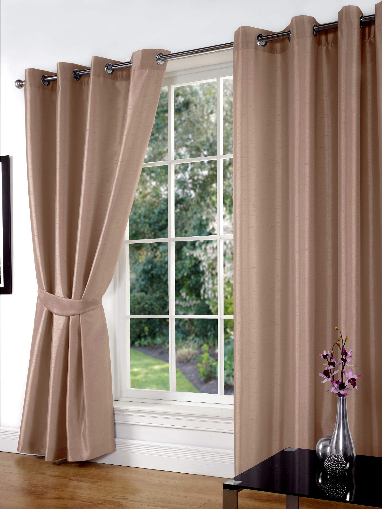 Littens 46" x 54" (117cm x 137cm) Luxury Cappuccino Faux Silk Slubb Effect Eyelet, Ring Top Pair Curtains, Lined Inc Tiebacks Lightweight
