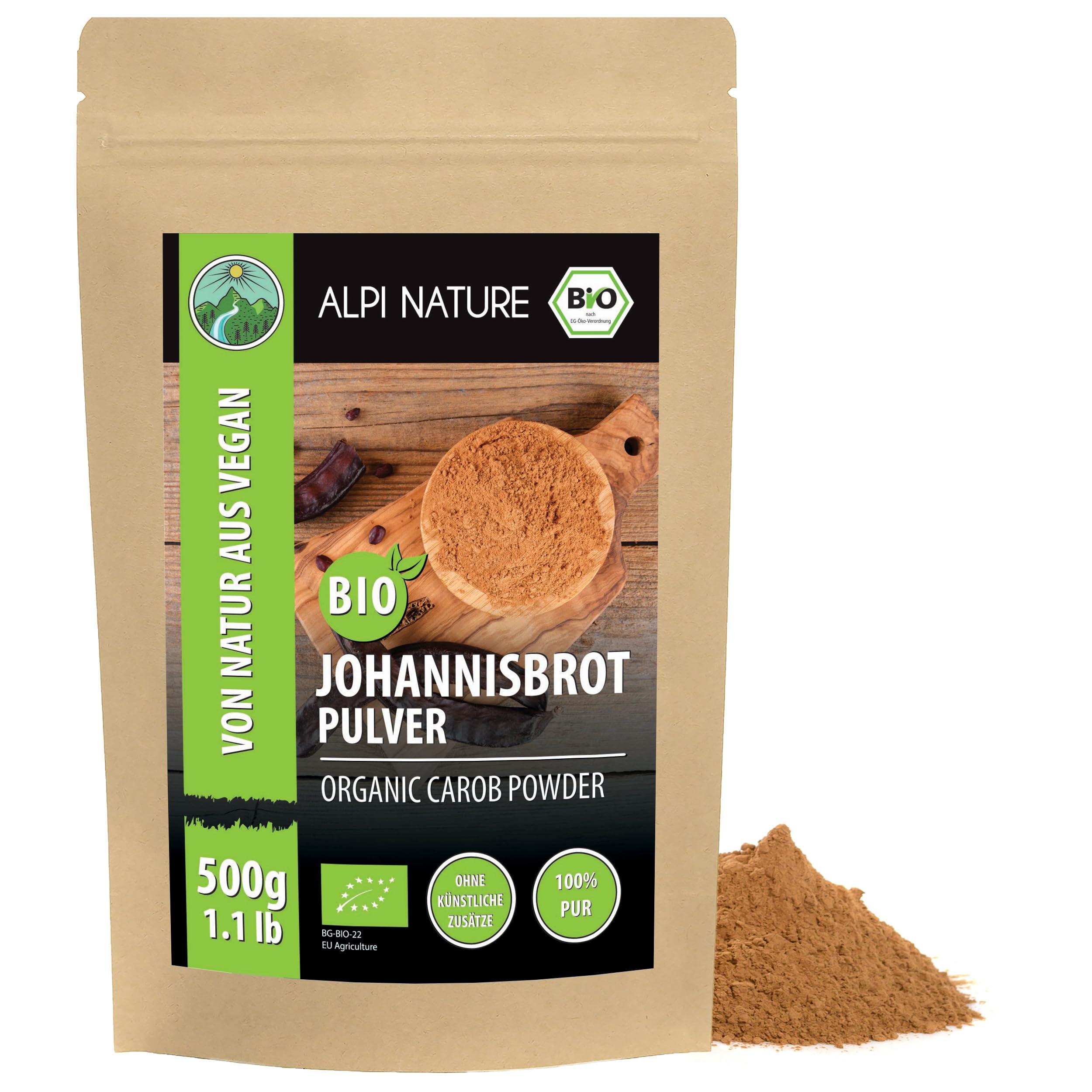 Alpi Nature Carobpulver BIO 500g, Johannisbrot gemahlen, natürlicher Süßstoff, Johannisbrotmehl