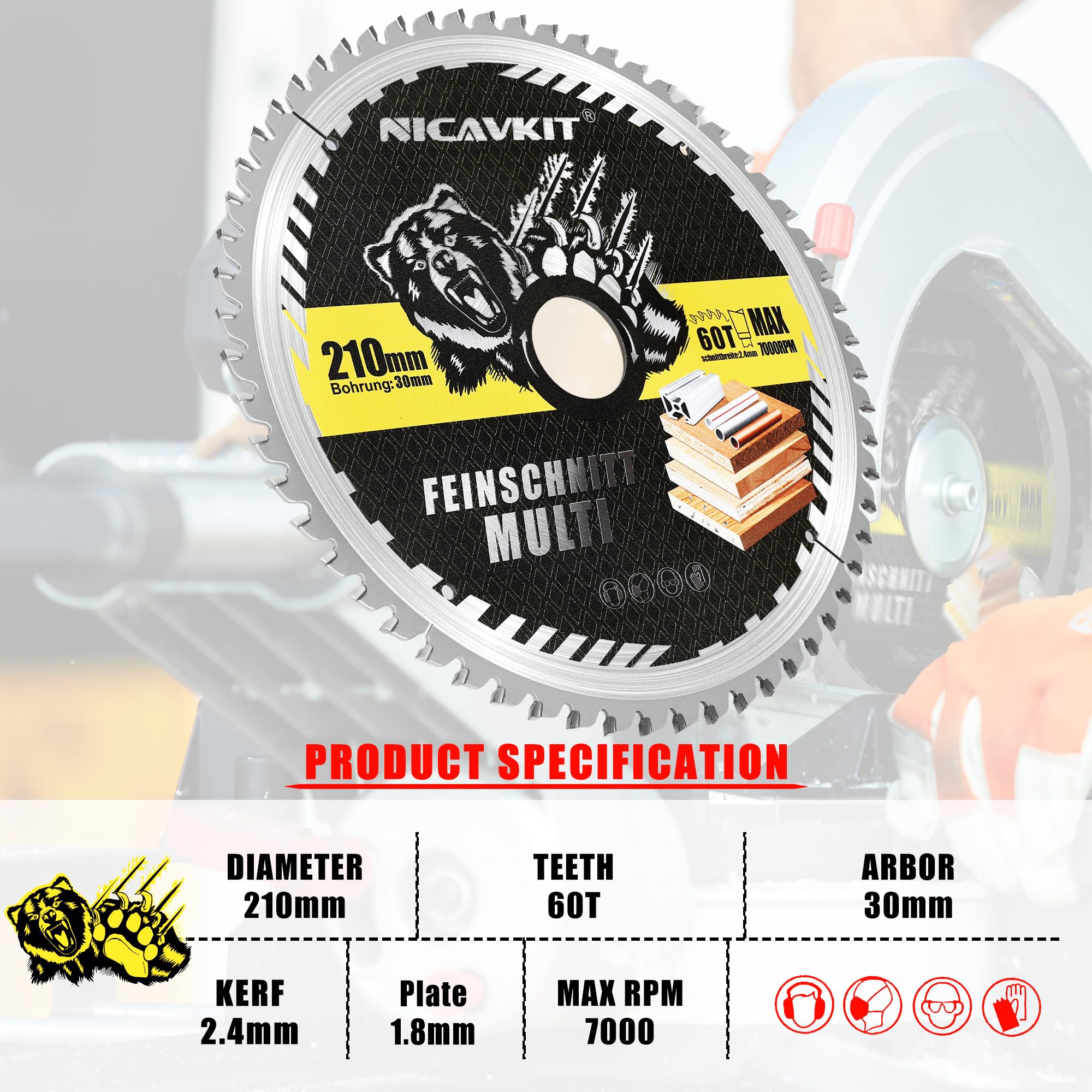 Ø210x 30 mm Kreissägeblatt für Holz, Metall & Alu uvm. Multi Material Feinschnitt Sägeblatt 210x30 Kompatibel als Bosch, Makita & Dewalt usw.