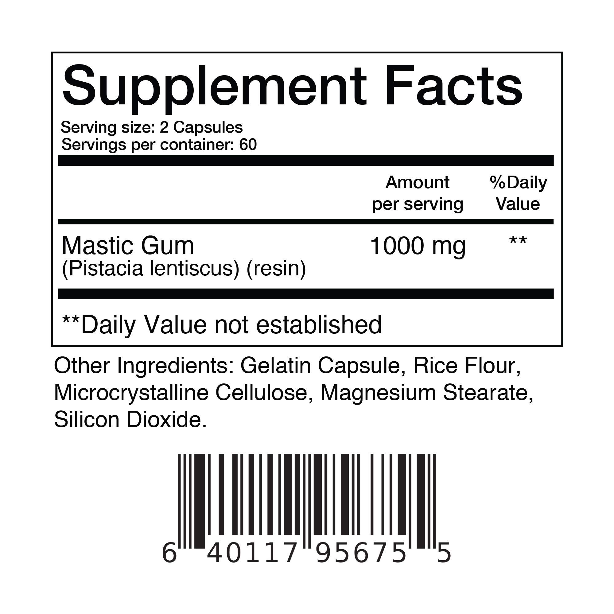 Mastic Gum 1000 mg Supplement 120 NonGMO Capsules Digestive