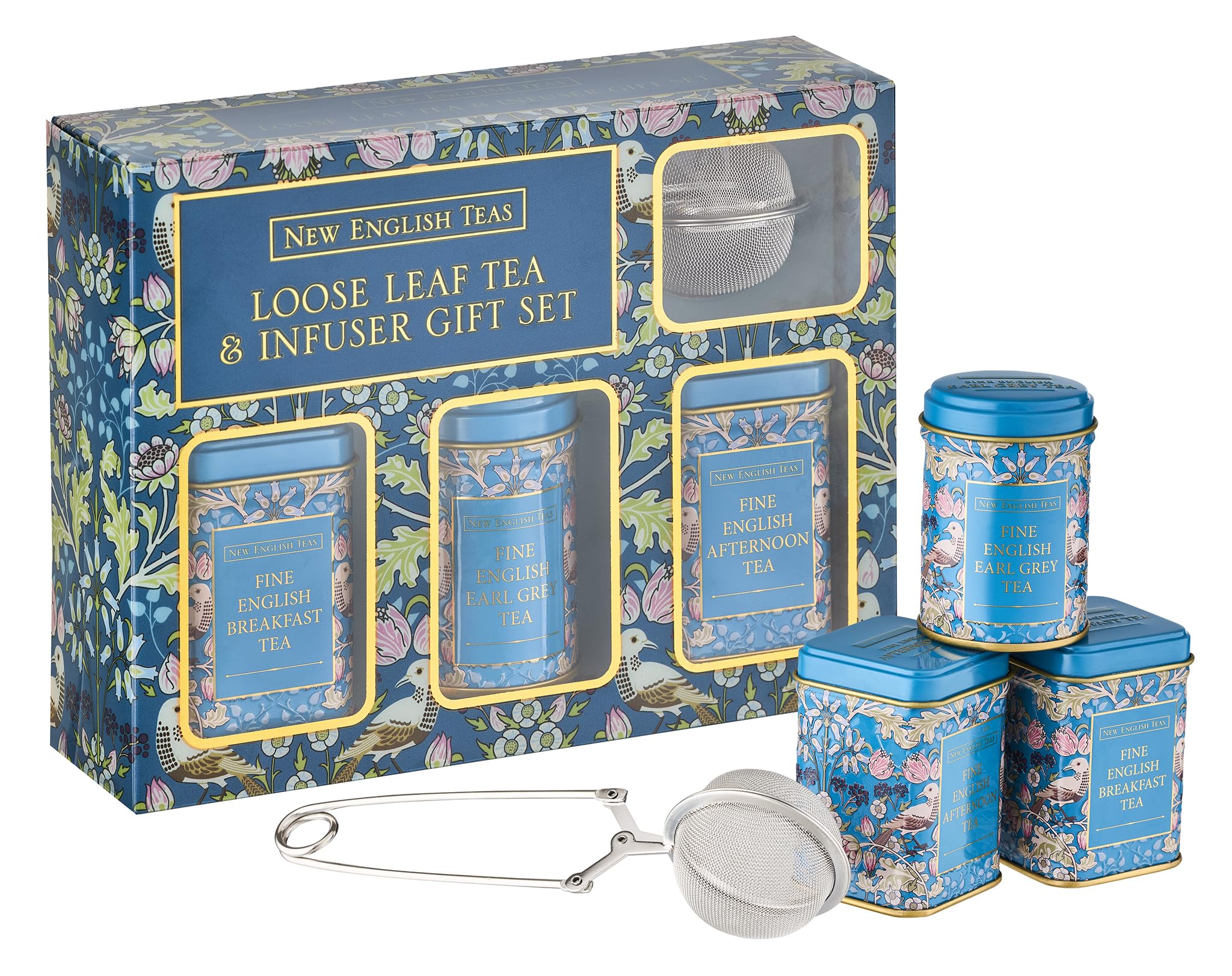 New English Teas Loose Leaf Tea & Infuser Gift Set – 3 Song Thrush Tins with Breakfast, Earl Grey & Afternoon Blends with Loose Tea Infuser
