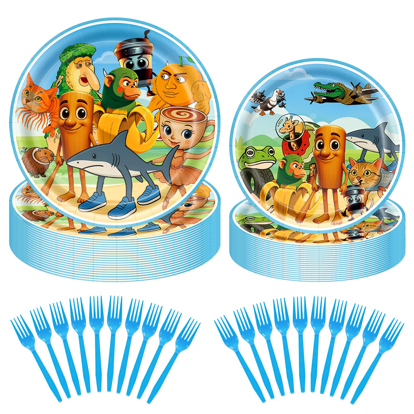 Photo 1 of 60Pcs Brainrot Birthday Dishes & Forks Set, Italian Brainrot Birthday Decorations Supplies, 7" Plates x 20, 9" Plates x 20, Forks x 20 Included