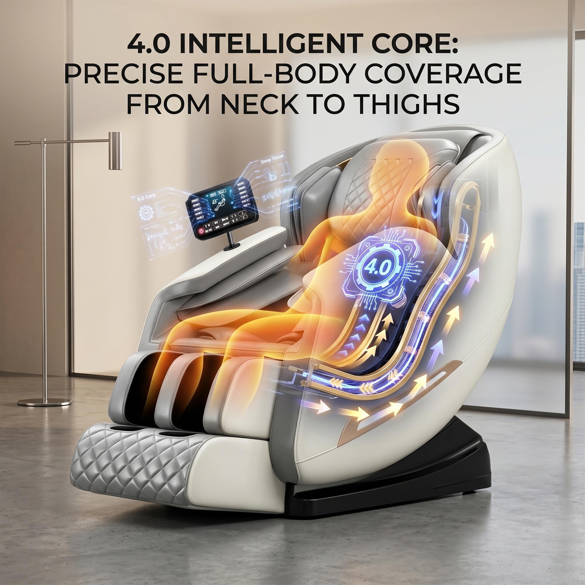Sillón de Masaje Lujo Gravedad Cero, Riel SL 4.0 Inteligente, Masaje de Cuerpo Completo con Estiramiento Tailandés, Pantalla Táctil LCD, Calor, Bluetooth, Airbags, Sin Montaje(Bianco)