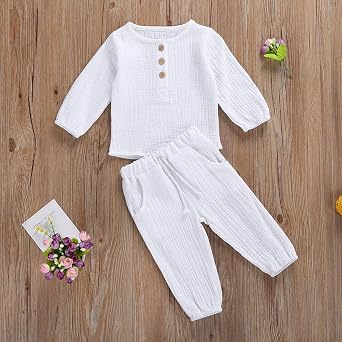 Toddler Baby Boy Girl Clothes Cotton Linen Long Sleeve Button Pullover Tops Drawstring Pants Set Casual Outfit