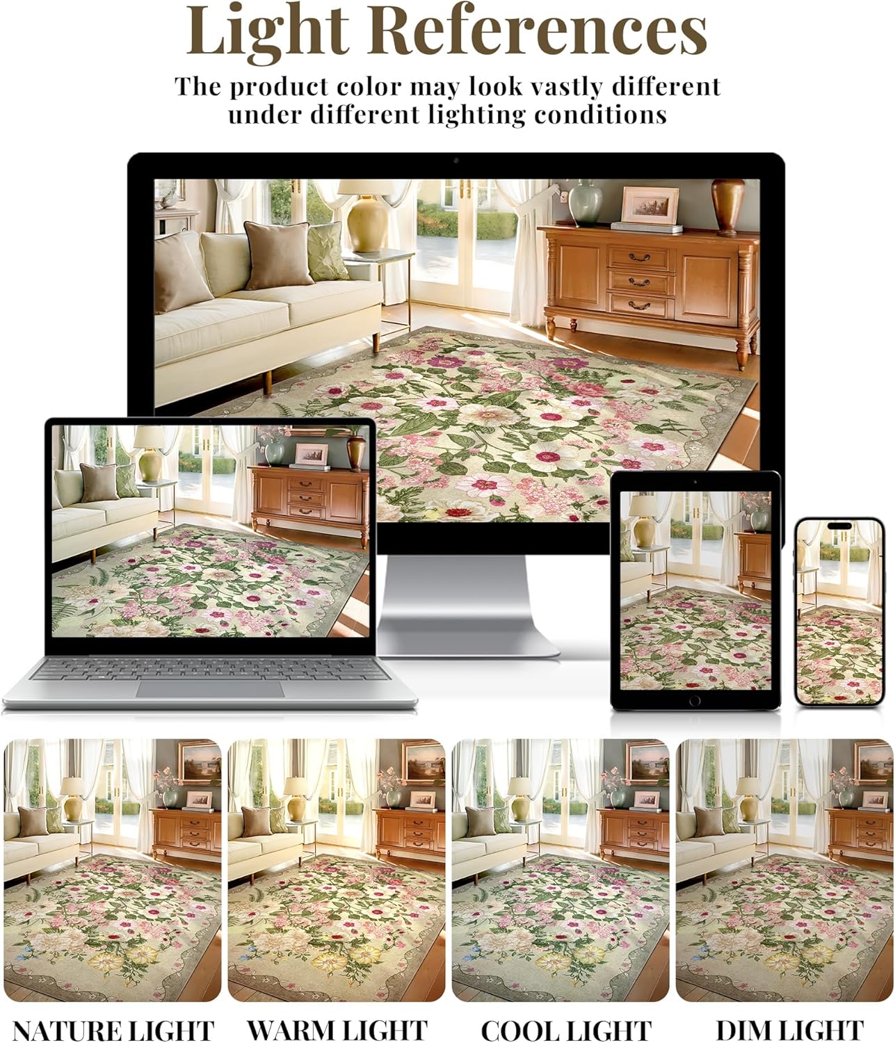 Floral Rug for Living Room - 4x6 Washable Area Rugs Non-Slip Soft Low-Pile Stain Resistant Carpet Flower Vintage Indoor Rug for Bedroom Dining Room Office Nursery Room, Brown