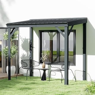 Domi Wandmontierter Pavillon, 1,5x2,4 m, Terrassenüberdachung mit eingebautem Entwässerungssystem, verzinktem Stahldach, Hardtop-Terrassenunterstand für Deck, Veranda, Hinterhof und mehr, Grau