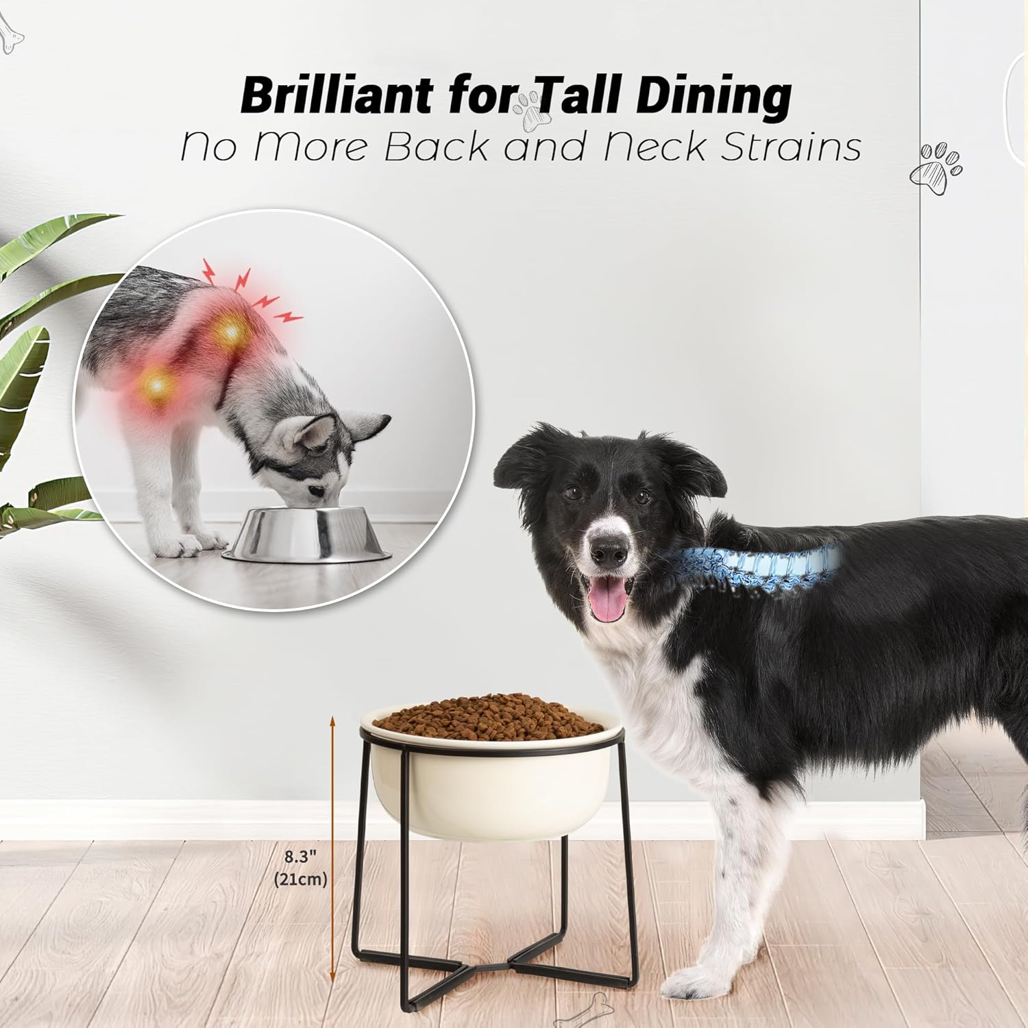Ceramic Elevated Dog Food Bowl - Heavyweight Feeding Bowl with Metal Stand - Raised Pet Dish for Medium and Larges Dogs - 3.5 Cups - 54 oz - Beige