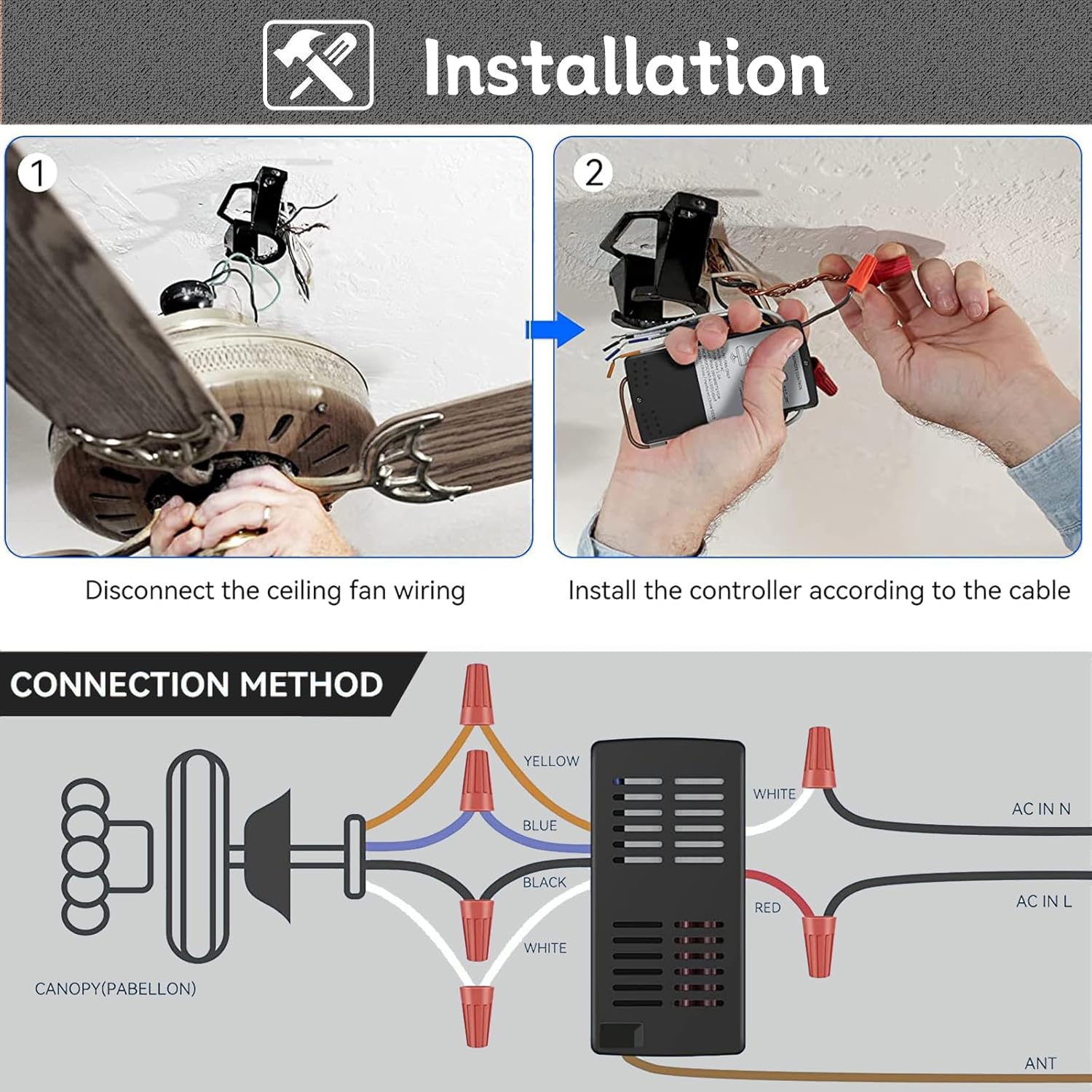 Universal Ceiling Fan Remote Control and Receiver Kit Replacment for Hampton Bay Harbor Breeze 99392 99770 99813 99772 99122 99123 99600, 3-Speed Control with Dimmer