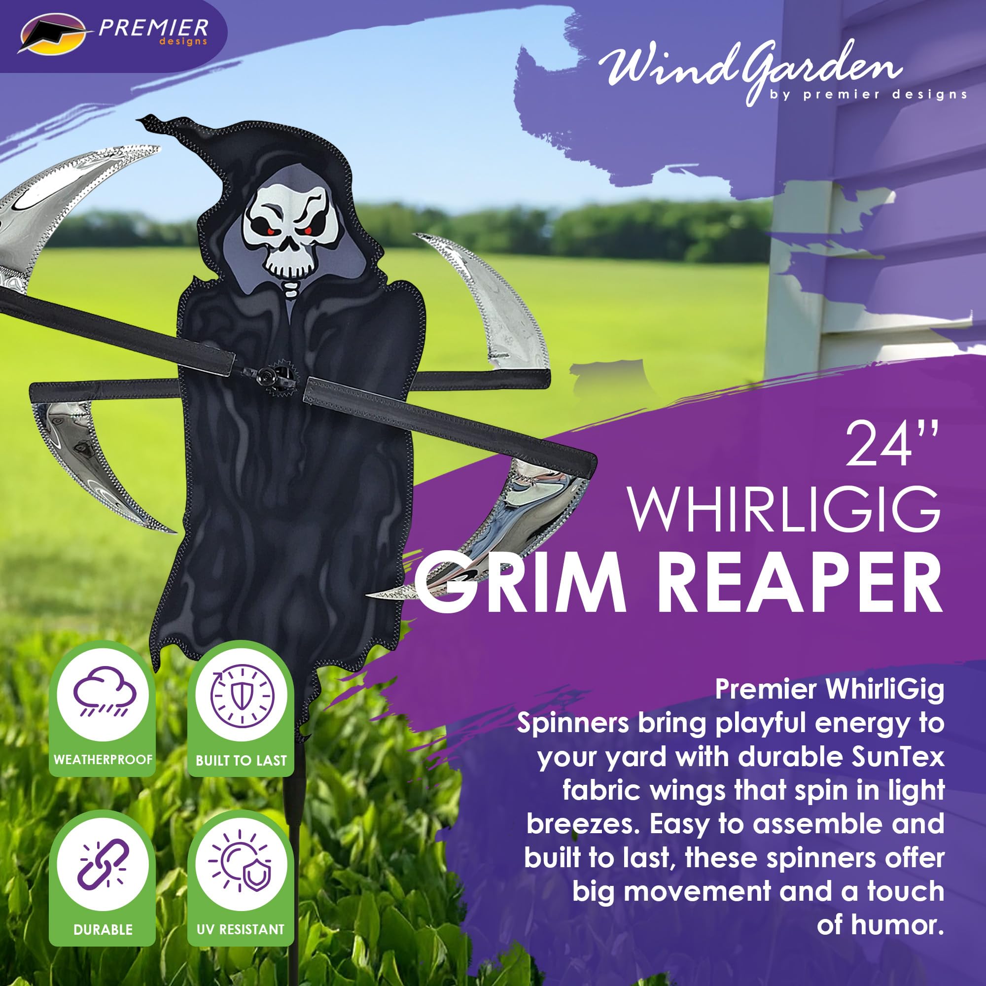 Whirligig Spinner Grim Reaper – Spooky Halloween Wind Spinner, Durable & Weather-Resistant Garden Decor for Yards, Patios, and Outdoor Spaces - Eerie Outdoor Decoration