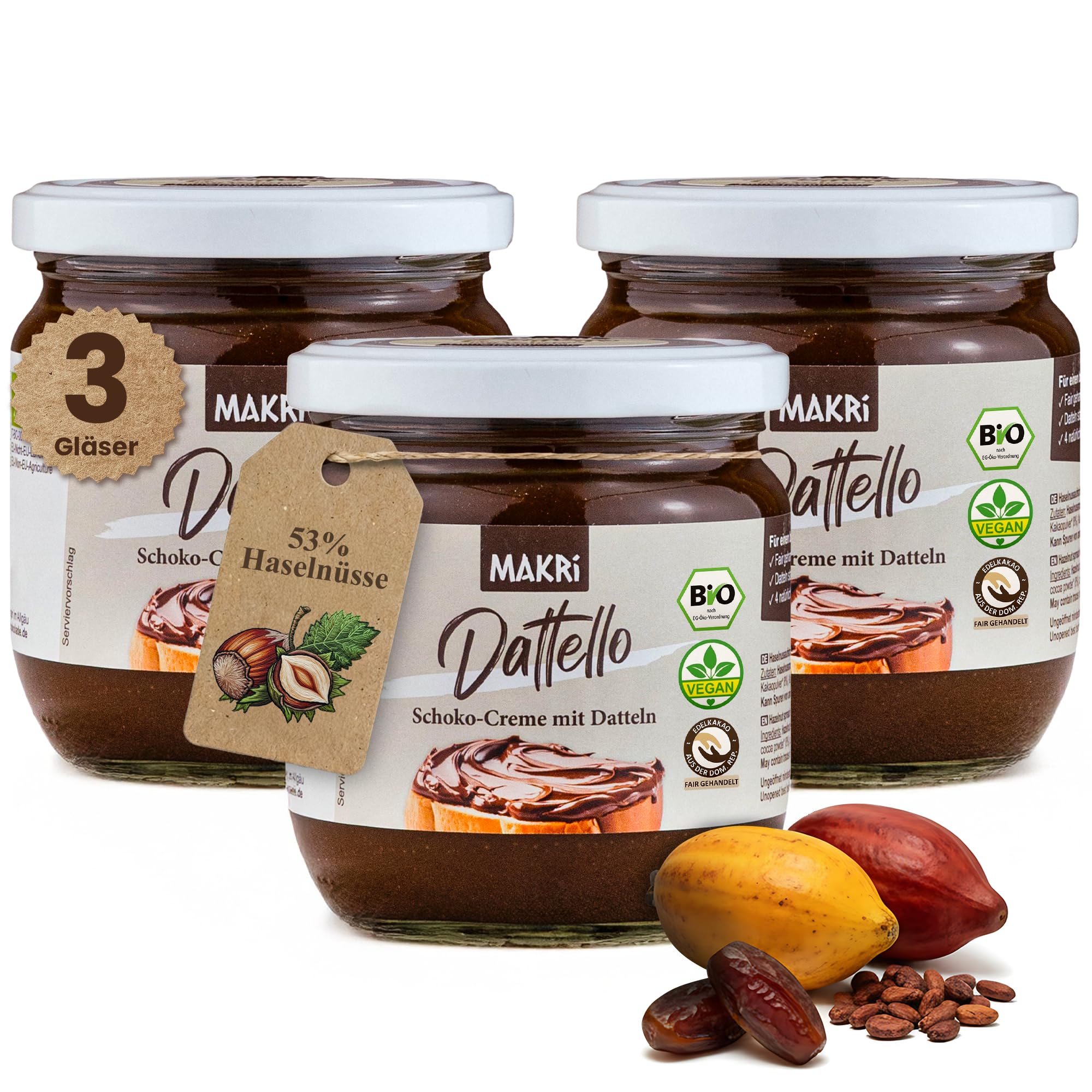 Dattello® Haselnusscreme | Bio Schoko-Haselnuss-Aufstrich mit Datteln | Schokocreme Ohne Raffinierten Zucker, Vegan & Cremig | MAKRi® Schokoladenaufstrich 400 g (3 Gläser)