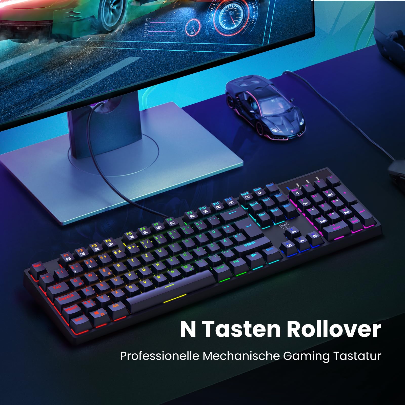 Mechanische Gaming Tastatur QWERTZ mit RGB-Beleuchtung (Blue Switches) - 104 Tasten USB-Kabelgebunden, 20 Beleuchtungsmodi, N-Key Rollover, Wasserdicht ——PC Tastatur Mit Kabel für Gamer (Schwarz)