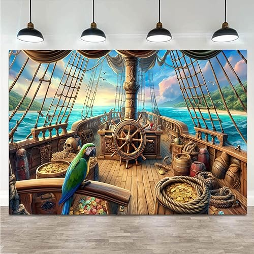 Miniatura 2 de Telón de fondo vintage de barco pirata, 8 x 6 pies, timón de madera, cofres del tesoro, velero, mapa, barriles, loro, océano, mar, aventura,