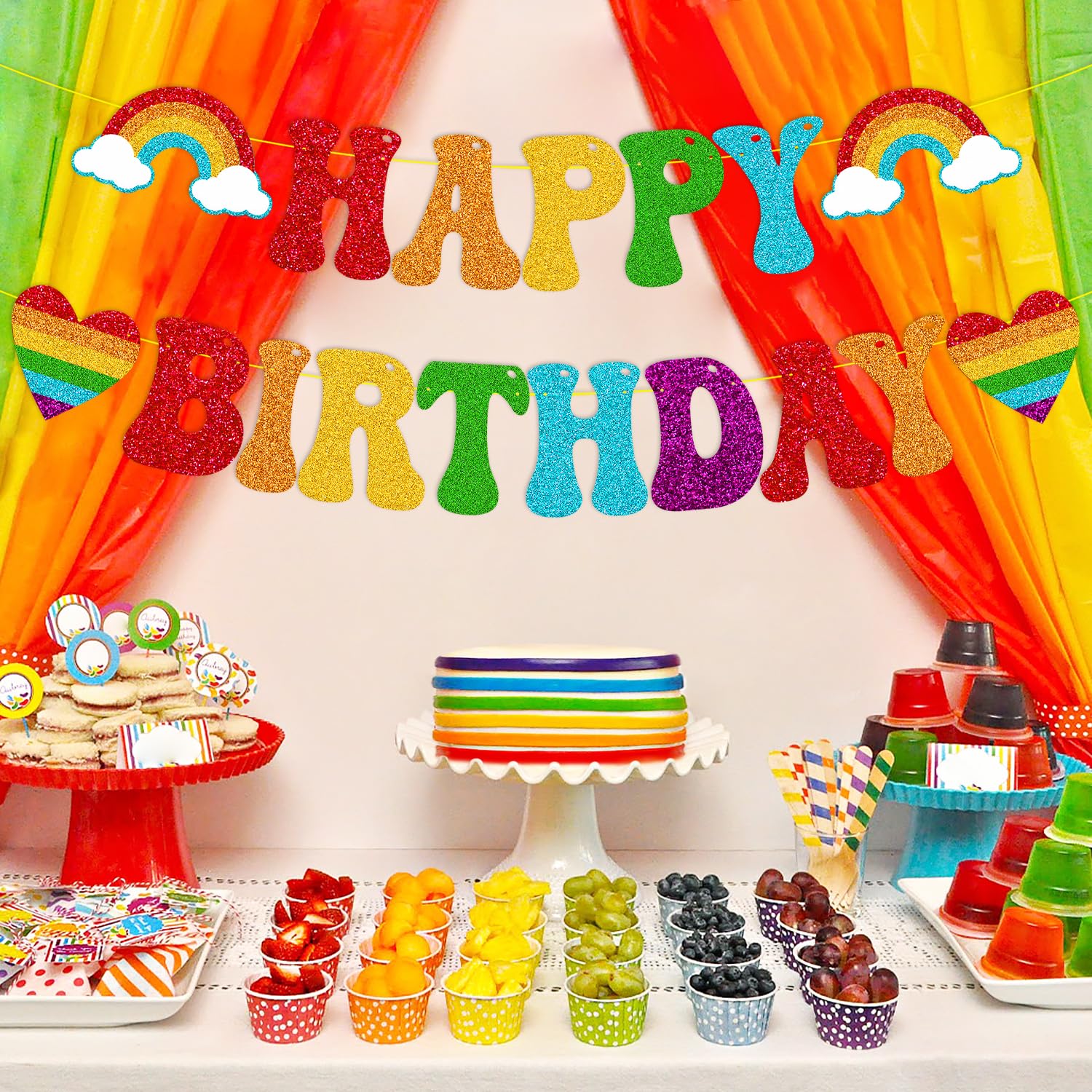 Rainbow Birthday Decorations - 9-Piece Pre-Strung Banner & Hanging Swirls For Kids & Adults