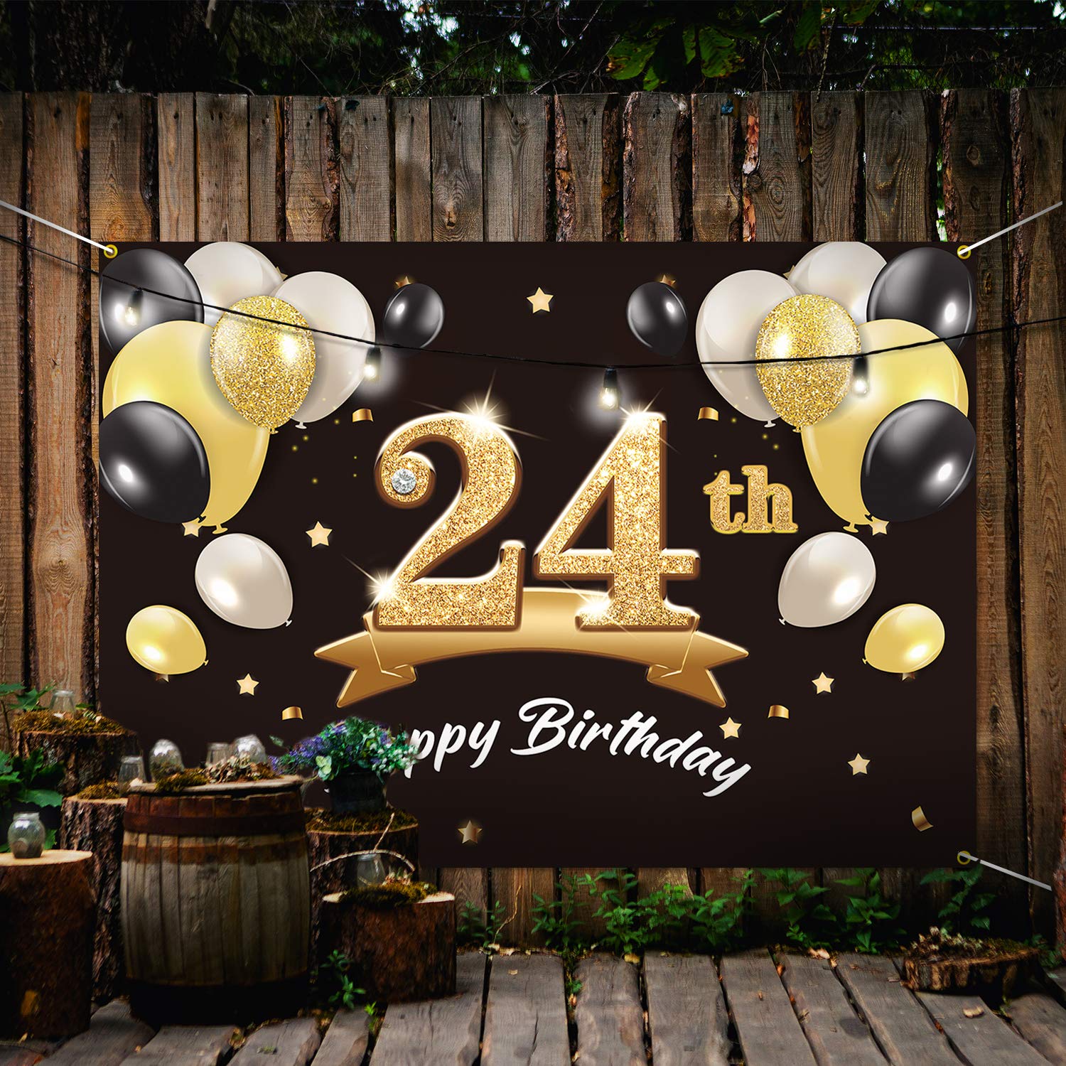 Happy Birthday Banner Backdrop – 24th Birthday Decor, 3.77' X 5.9' Black & Gold Polyester For Wall/Window - View #2