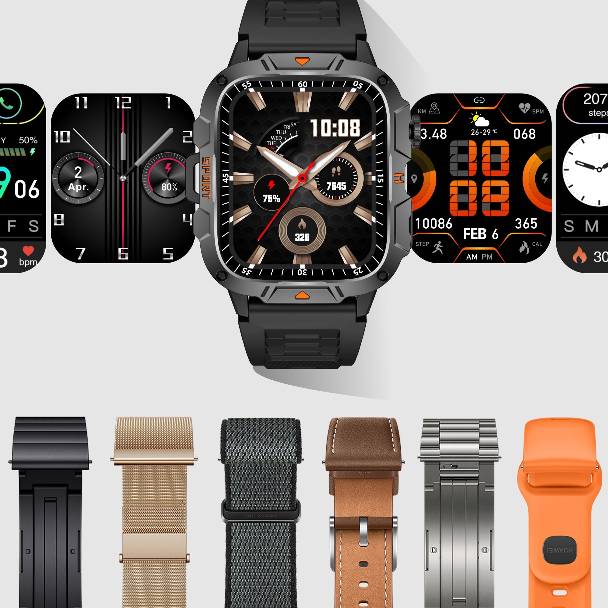 1,96" AMOLED Smartwatch Herren mit Telefonfunktion, Taschenlampe, Sportuhr mit Bluetooth Anrufe mit Schrittzähler, 5ATM Wasserdicht Smart Watch für iOS Android(2 Armbänder) (Orange)