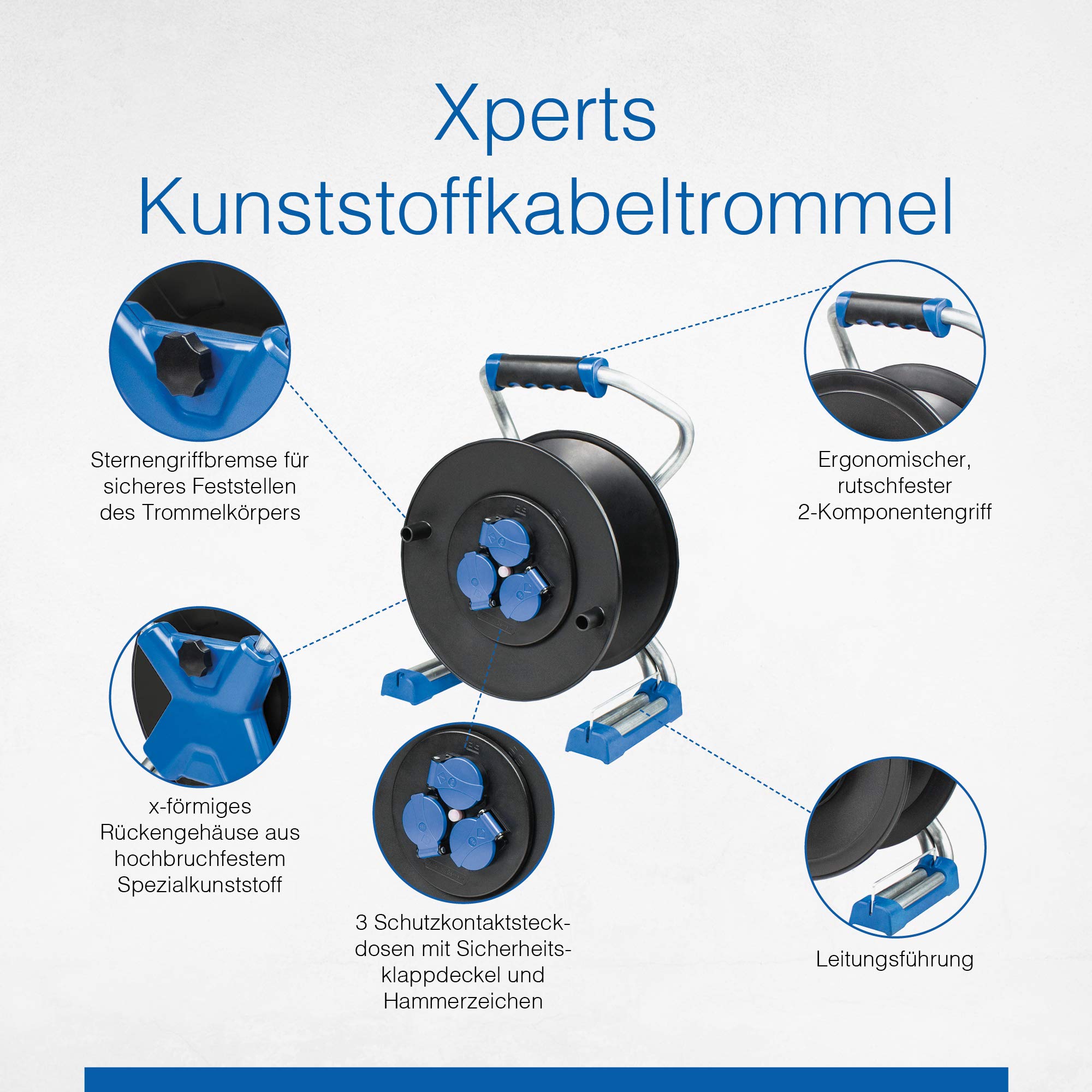 as - Schwabe Xperts Kunststoff Leer-Kabeltrommel für 40 m Kabel, Verlängerungskabel-Trommel ohne Leitung, Leertrommel mit 3 Schutzkontakt-Dosen 230 V, 16 A, IP44, Made in Germany, schwarz I 22620