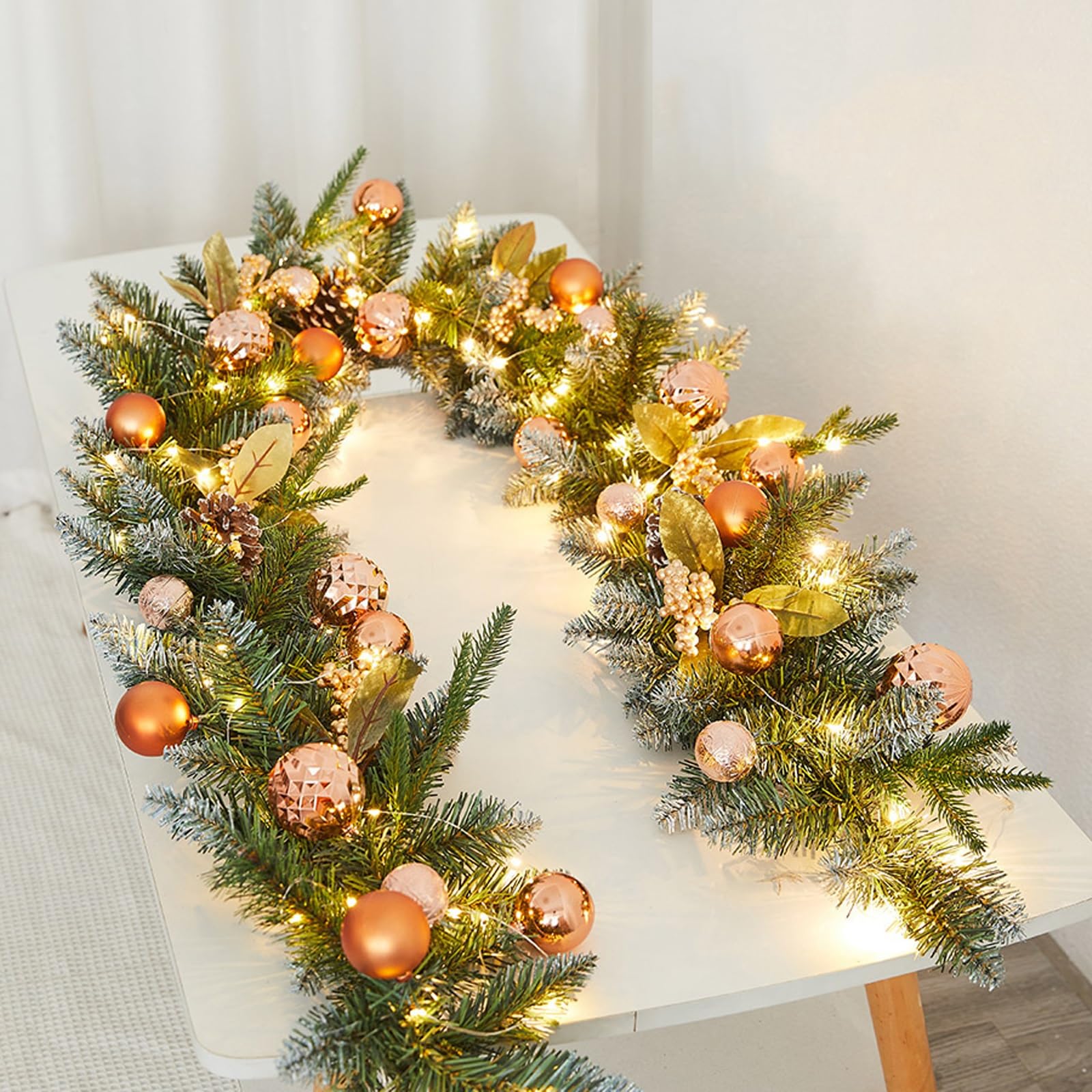 OPFdfhDFH Christmas wreaths, 6.5 FT Holiday Garland, Battery Powered with Pine Cones, Berry, Balls, Leaves, Christmas Decorations for Table Fireplace Door(Gold)