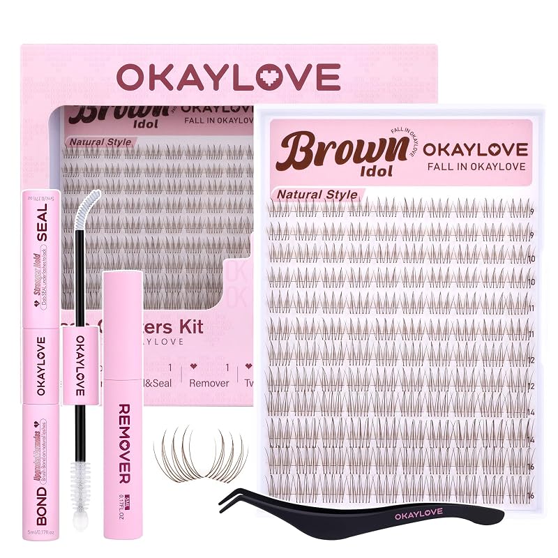 Cílios Postiços em Tufos OKAYLOVE Brown Idol CC Curl 9–16 mm com Bond & Seal, Removedor e Pinça — 120 unidades