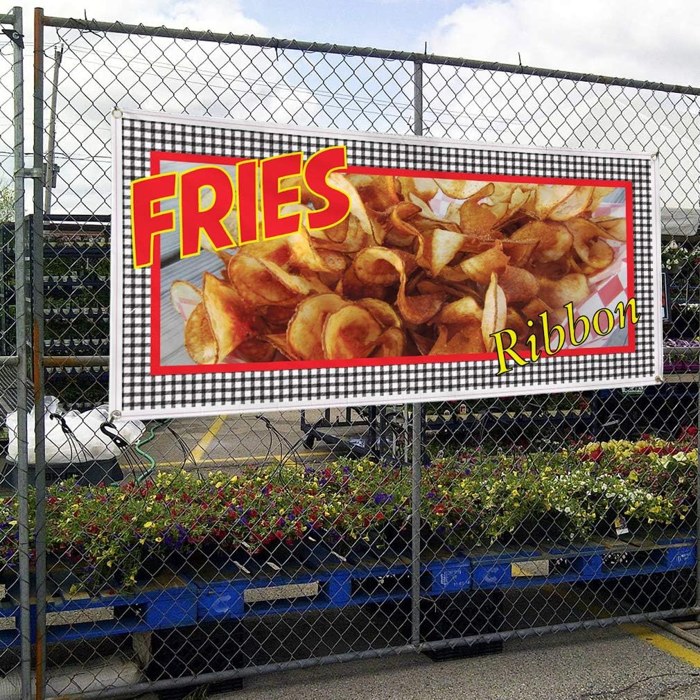 Vinyl Banner Multiple Sizes Fries Ribbon Restaurant Cafe Bar Restaurant & Food Outdoor Weatherproof Industrial Yard Signs Brown 4 Grommets 16x40Inches