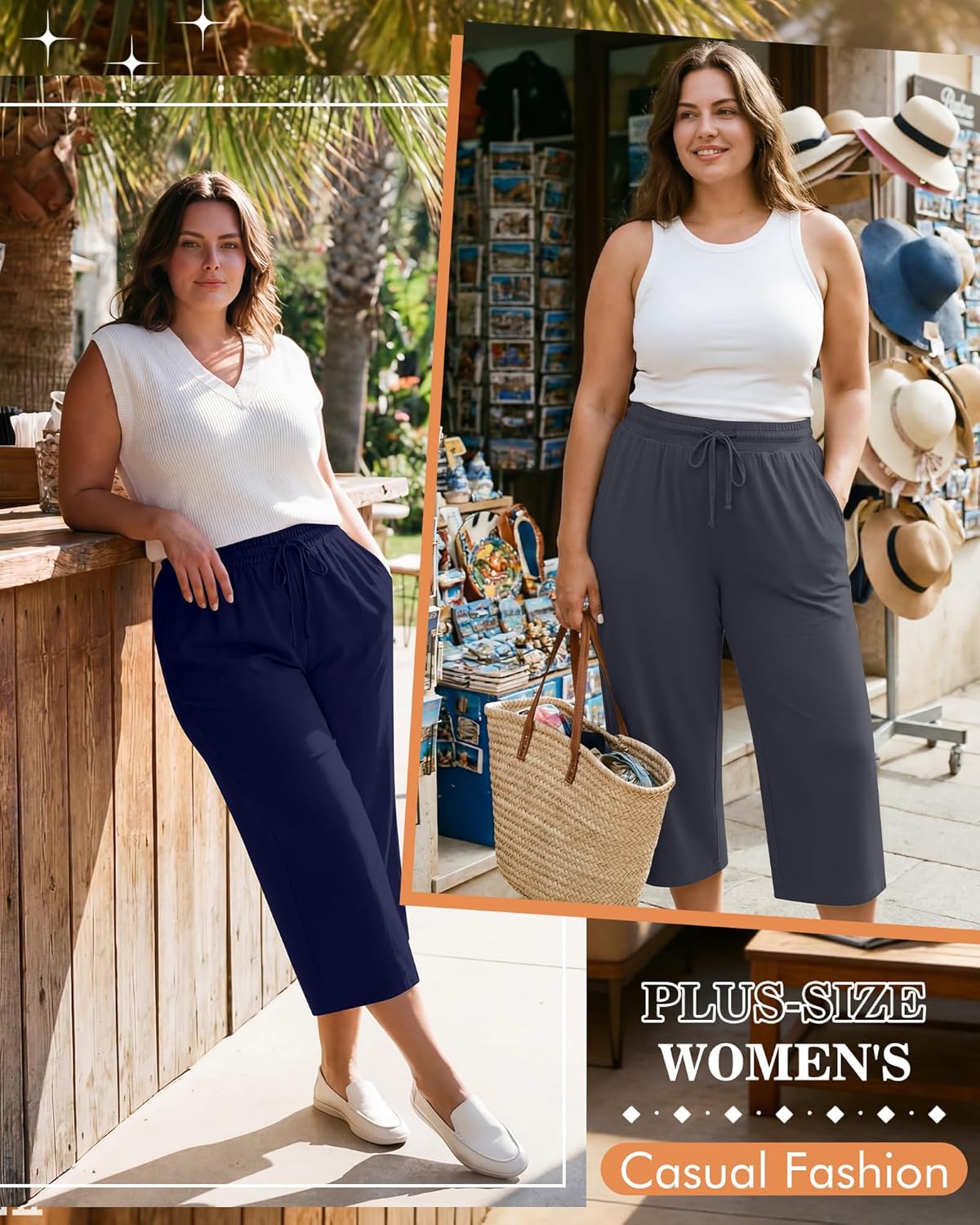 Huukeay 3 Pack Women's Plus Size Capris Wide Leg Yoga Capri Sweatpants Drawstring Loose Fit Summer Cropped Pants with Pockets