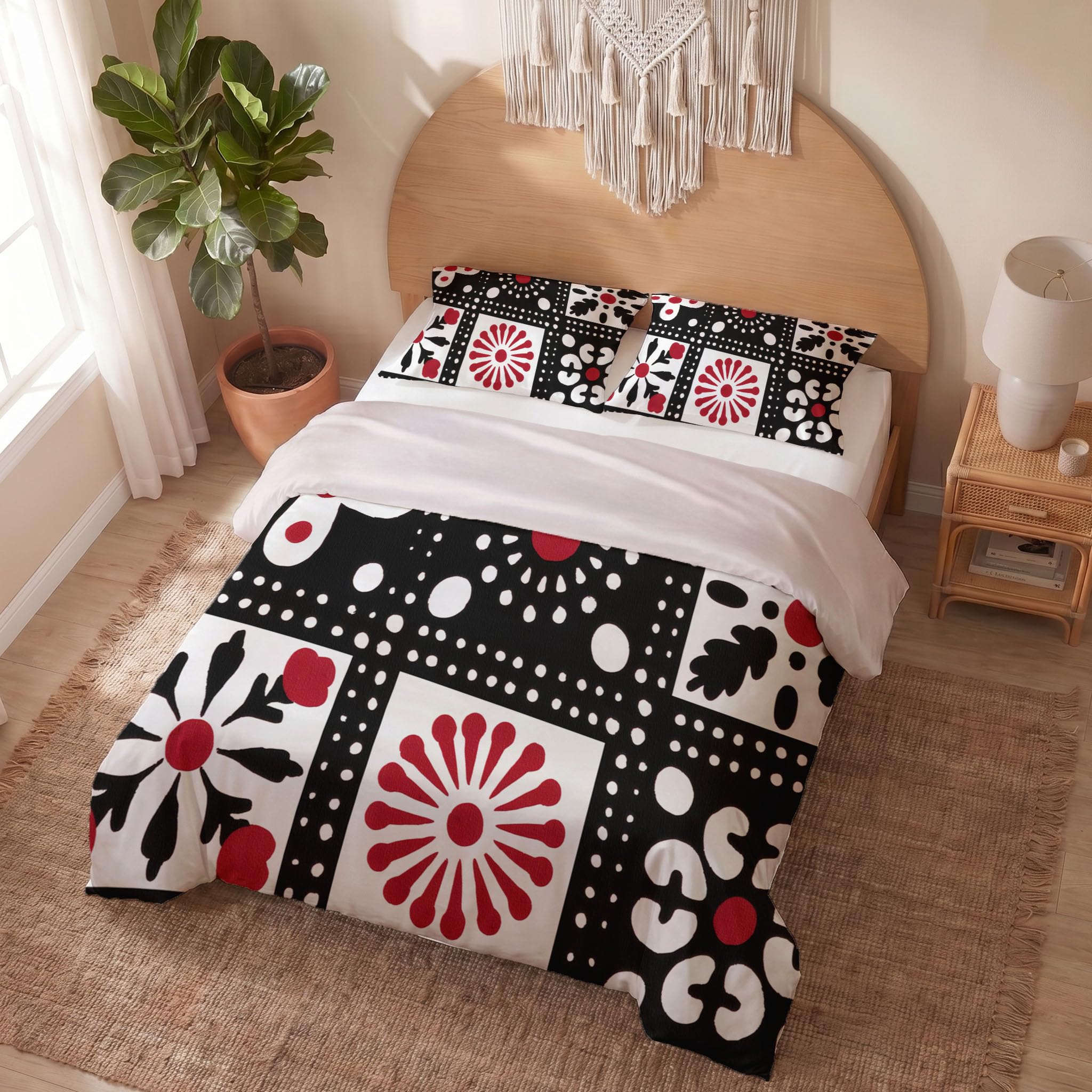 Housse de couette 200x200 géométrie et 2 taies noir parure lit 2 personnes