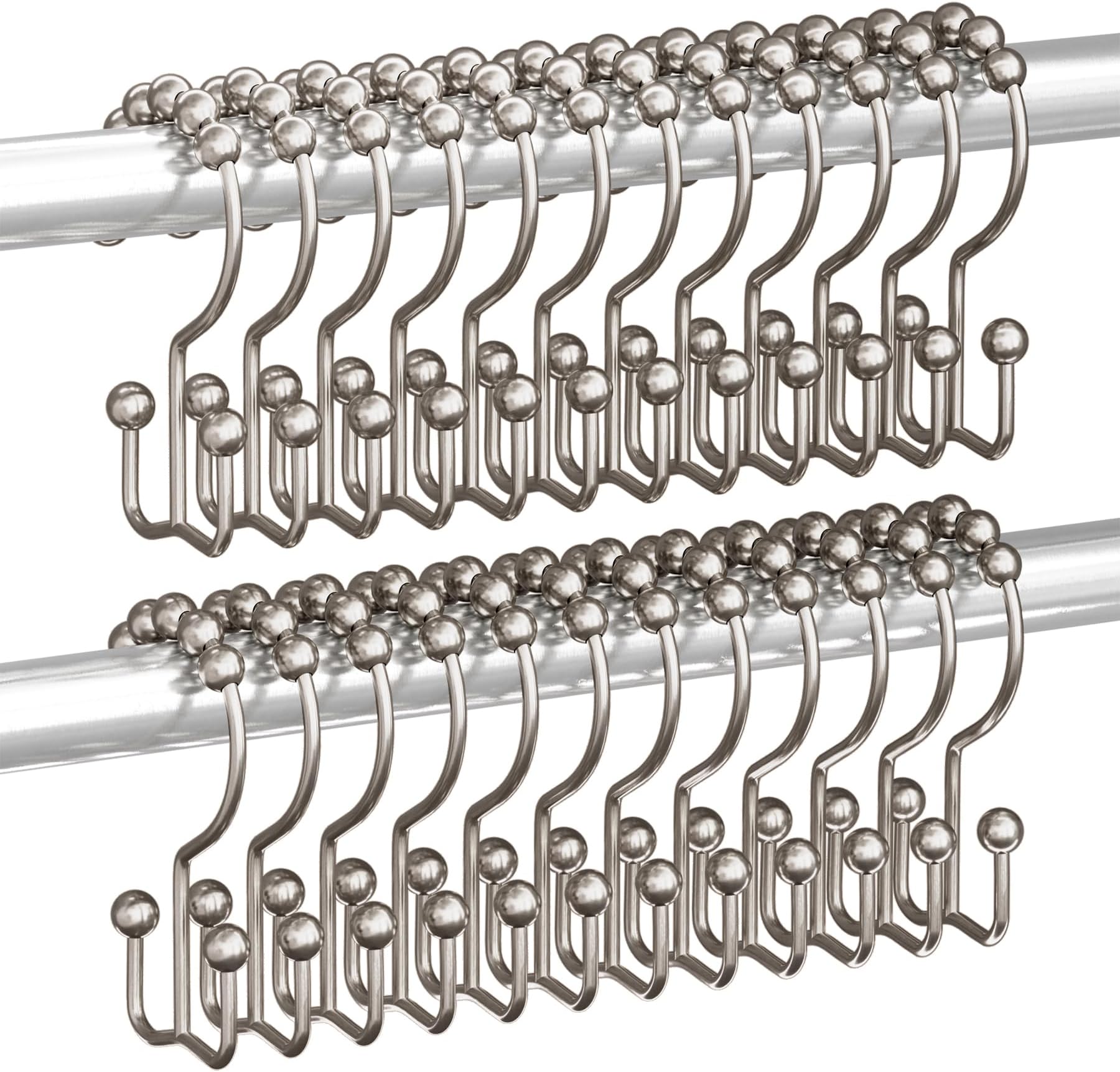 Titanker Shower Curtain Hooks Rings, Rust Resistant Metal Double Glide Shower Hooks Rings for Bathroom Shower Rods Curtains, Set of 24 Hooks - Nickel