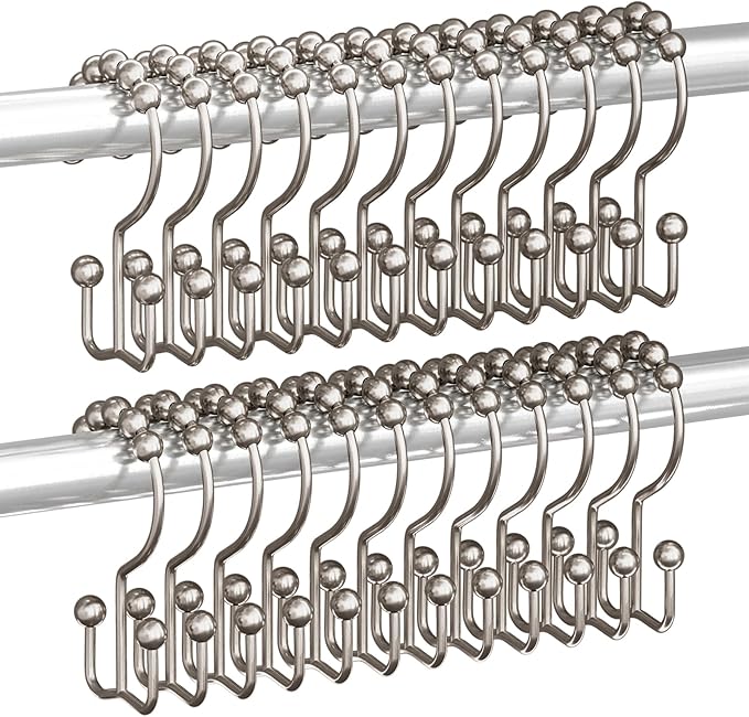 Titanker Shower Curtain Hooks Rings, Rust Resistant Metal Double Glide Shower Hooks Rings for Bathroom Shower Rods Curtains, Set of 12 Hooks - Nickel