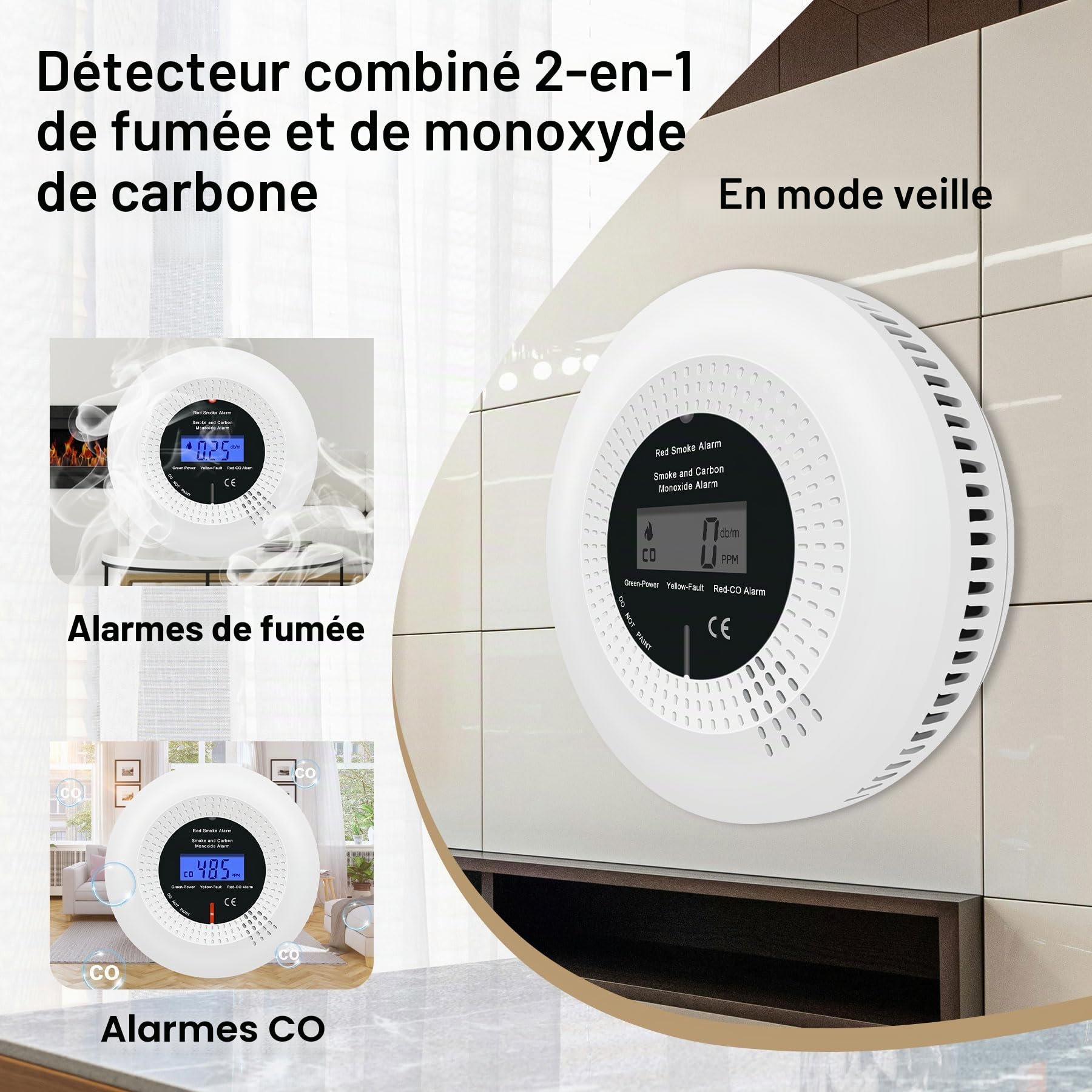 Détecteurs de fumée et de monoxyde de Carbone,détecteurs de fumée et de monoxyde de Carbone combinés pour la Maison,avec Affichage numérique,en 50291 & en 14604. 2 pièce