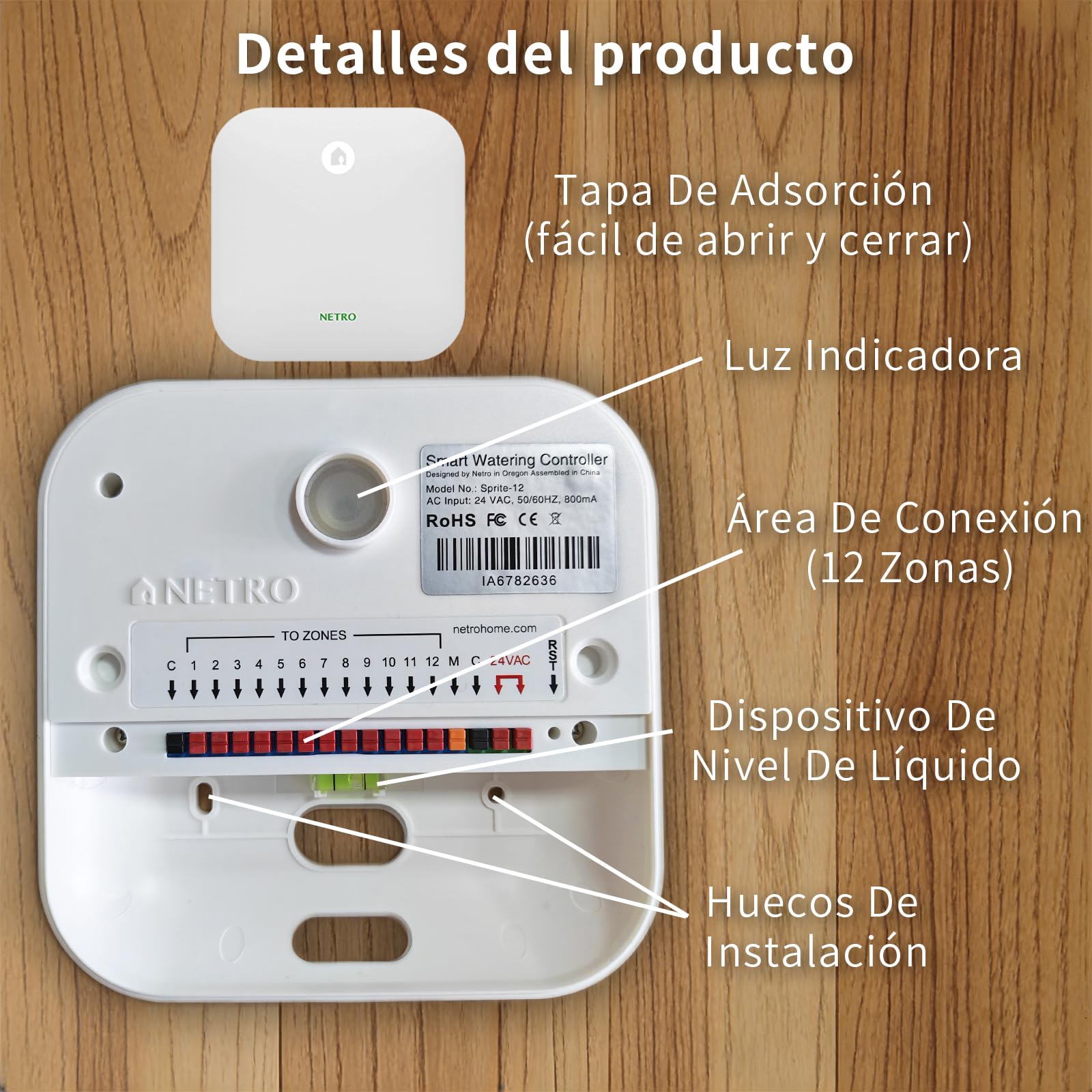 Netro Sprite 12 Zone Programador Riego WiFi Para Césped Con App, Con 24 CA | Serv Meteorol, Datos de Plantas,‌ Programa de Riego, Salto Lluvia, Riego Automático con Sensor Netro, Historial‌,Uso Interior
