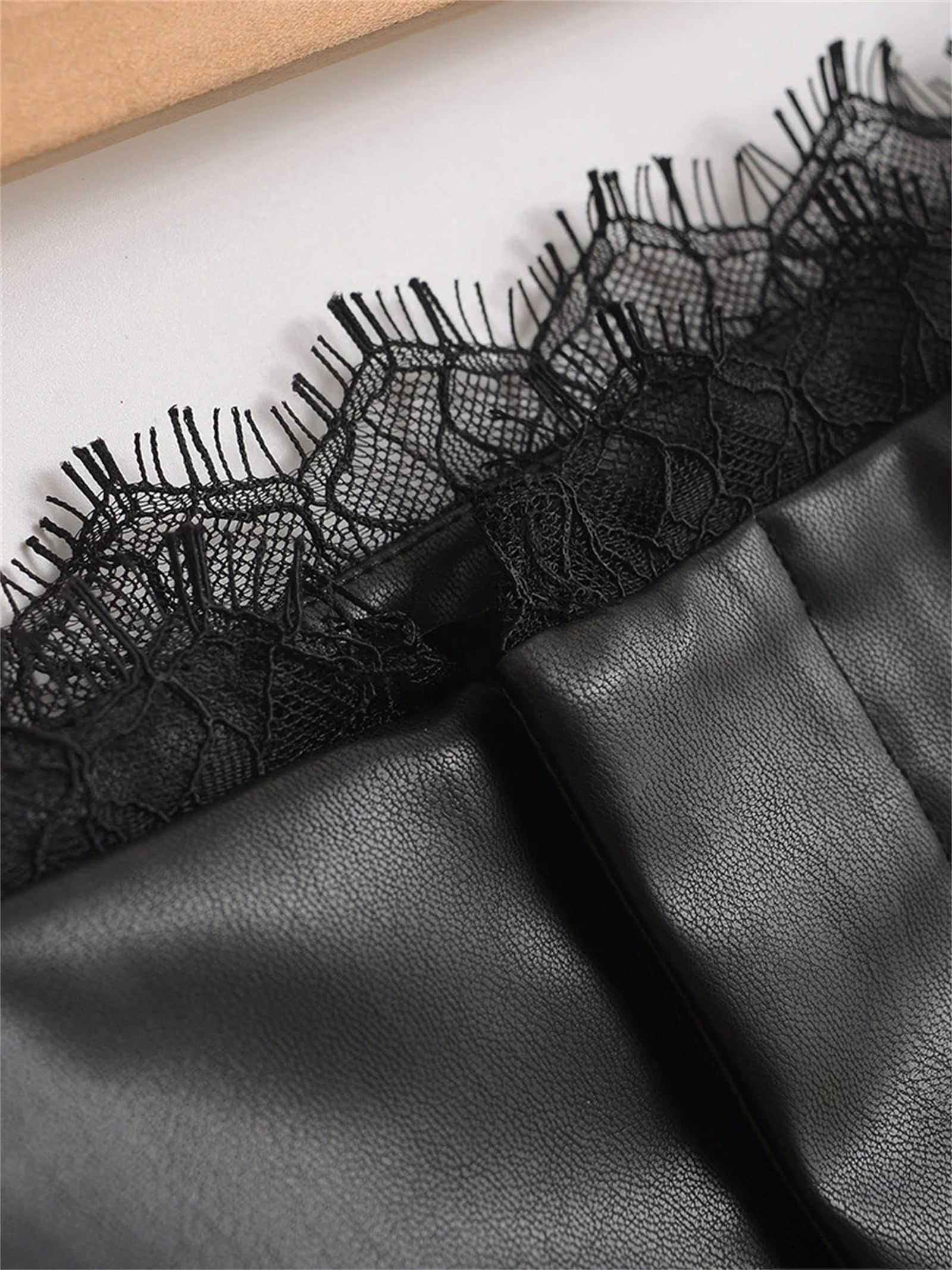 Minifaldas con Ribete de Encaje de Piel sintética Negra para Mujer Falda de Cuero Dividida de Talle bajo marrón con Pantalones Cortos,Marrón-Pequeño