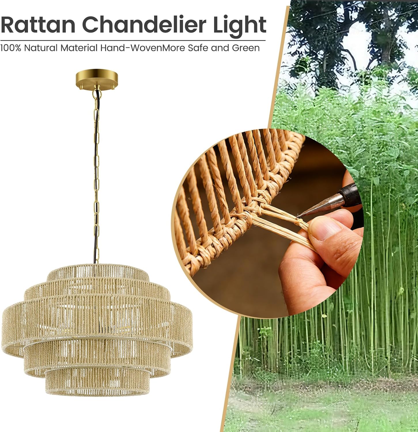 BoostArea 3-Light Rattan Boho Chandelier Light Fixture,20" Hand Woven Pendant Lights Kitchen Island,Large Farmhouse Pendant Light for Kitchen,Dining Room,Hallway, Foyer