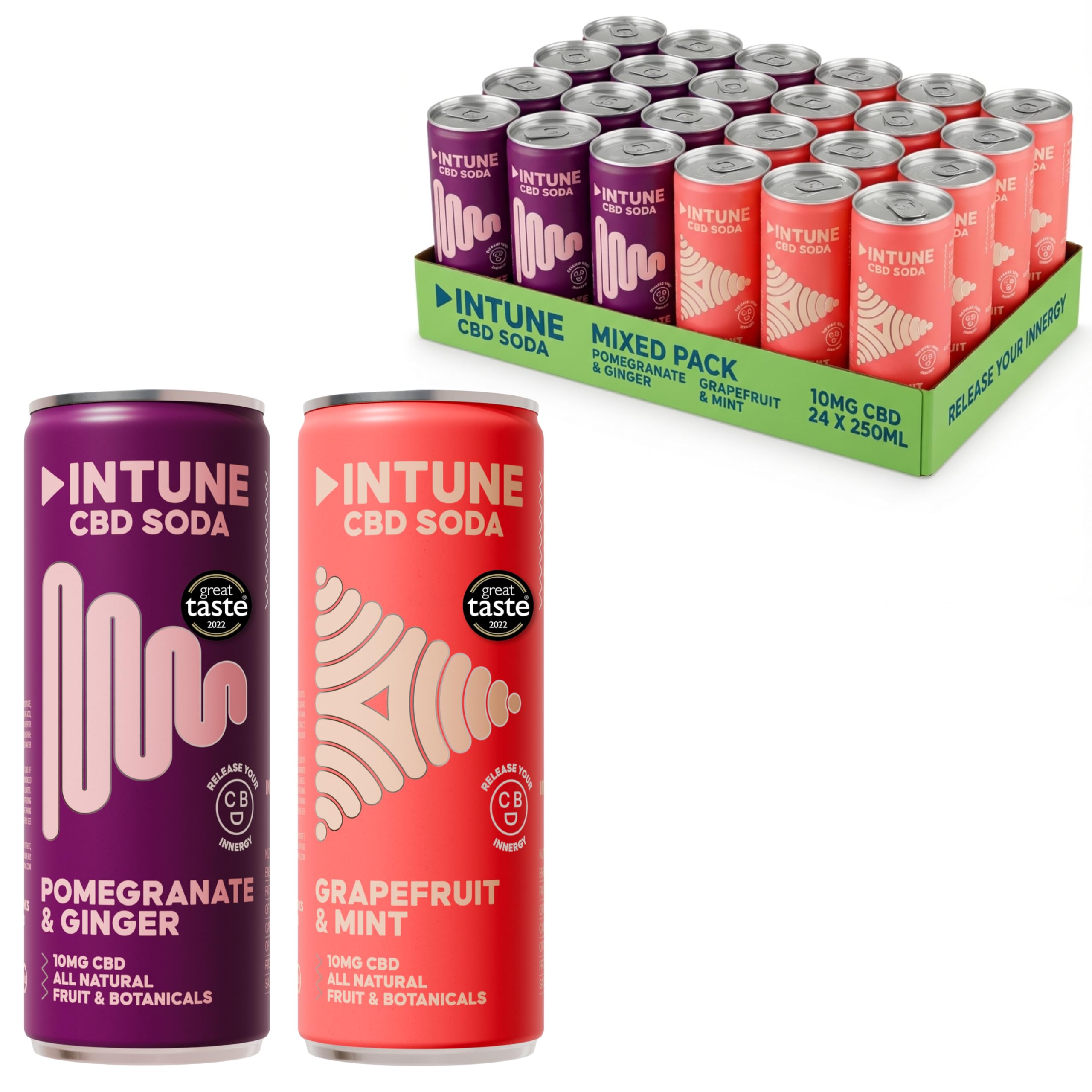 INTUNE CBD Drink Variety Pack | Pomegranate and Ginger | Grapefruit and Mint |Natural, Vegan, Low Calorie Drink | CBD Infused Soft Drinks | CBD can | 24 x 250ml Cans