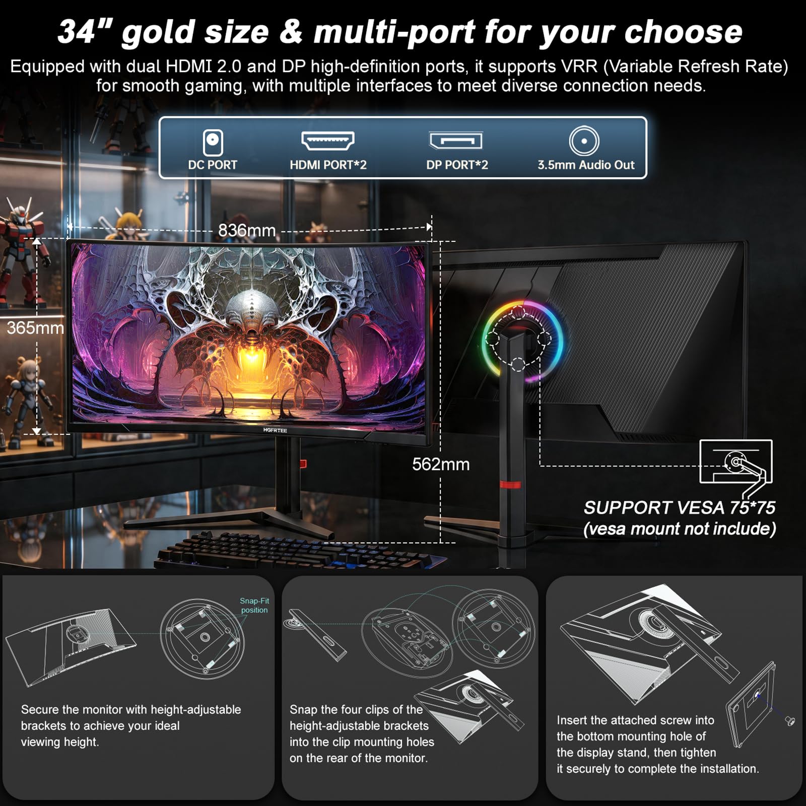 34 Zoll Curved Monitor UWQHD (3440x1440) | Panel, 165HZ, 1500R Krümmung | Ultrawide Desktop Display