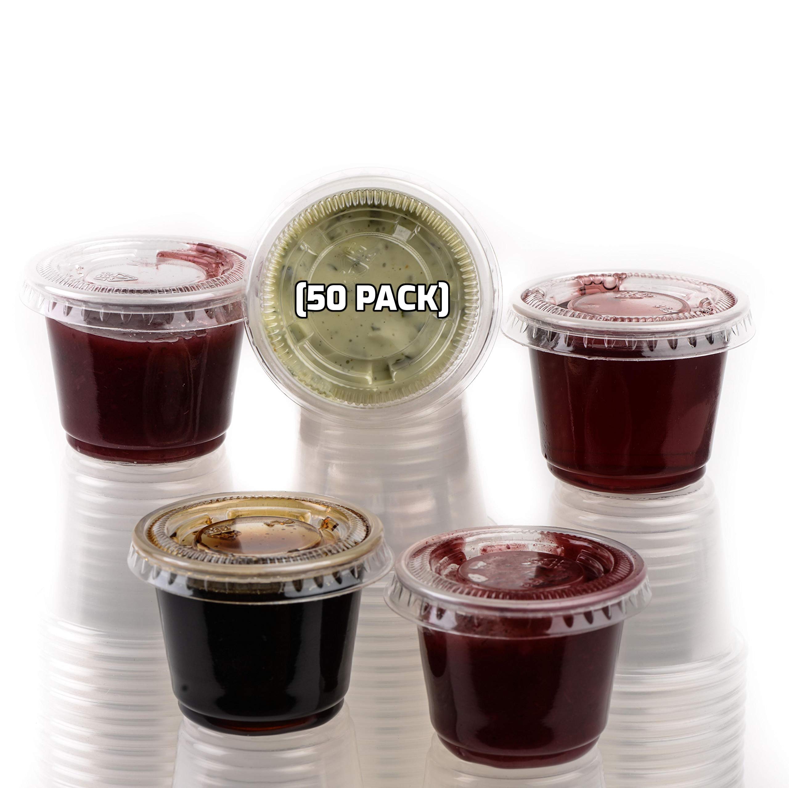1-Ounce Clear Plastic Disposable Portion Cups with Lids 50 Pack by EcoQuality, Jello Shot, Souffle Cups, Condiments, Sampling Cups, Complements