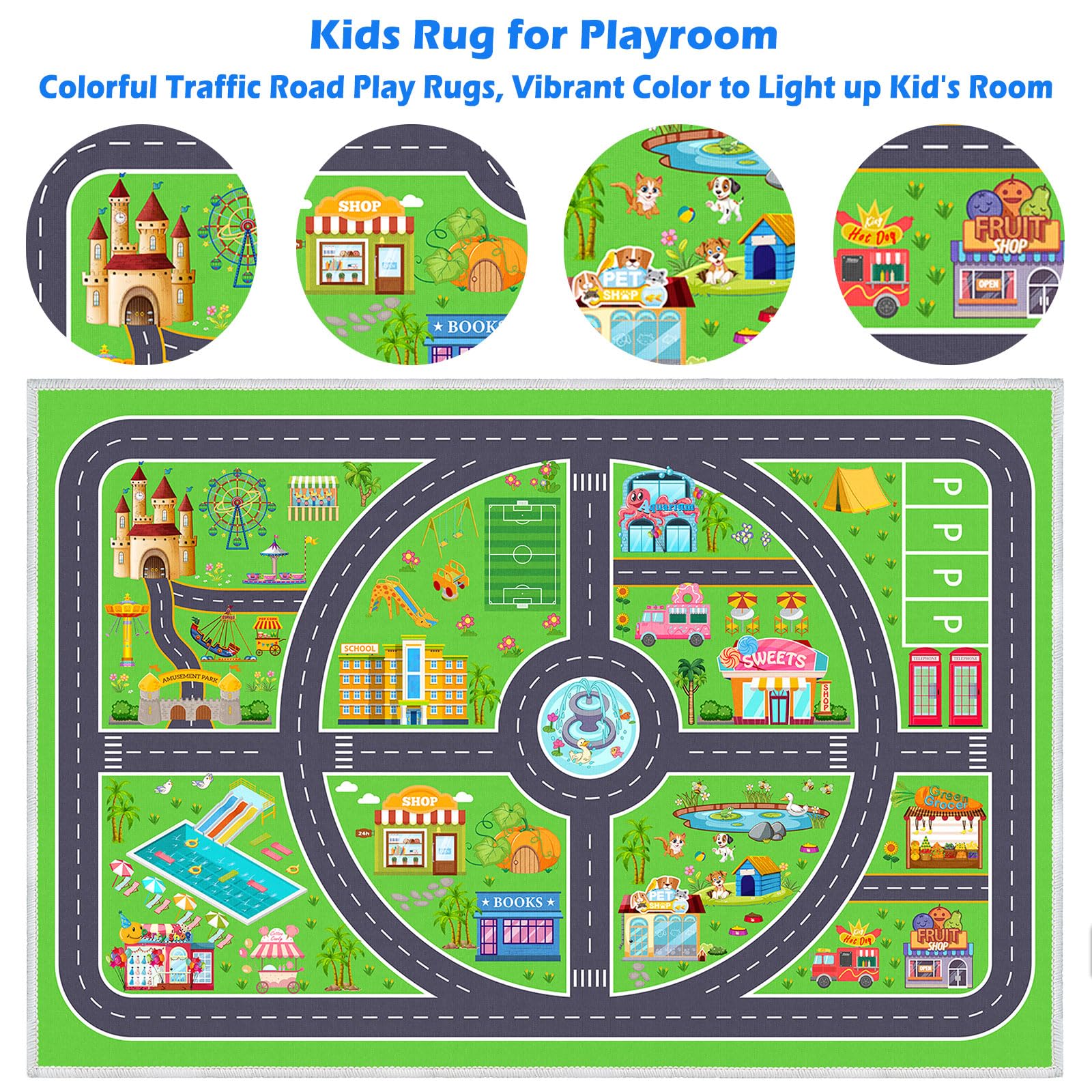 Kids Car Rug Playmat, Road Traffic Rug for Kids Cars, Carpet Play Mat for Playroom, Non Slip Kids Play Rug for Bedroom Boys, Fun City Life Car Mat for Children Room(Green,2.6×3.9ft/31×47in)