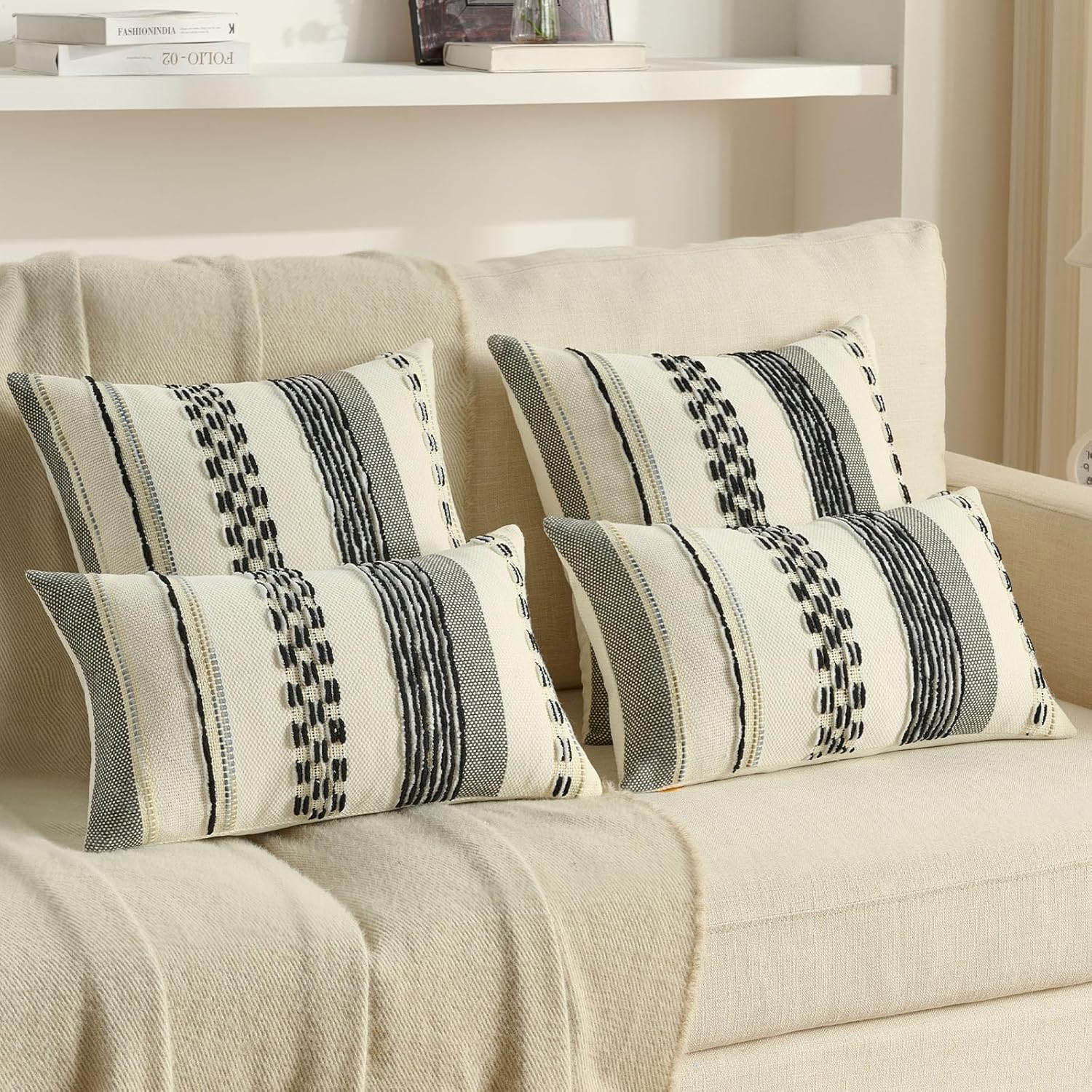 FUTEI Black White Decorative Throw Pillow Covers 18x18 Inch Set of 2, Soft Tufted Striped Textured Accent Cushion Case,Boho Pillows for Couch Decor - Image 5