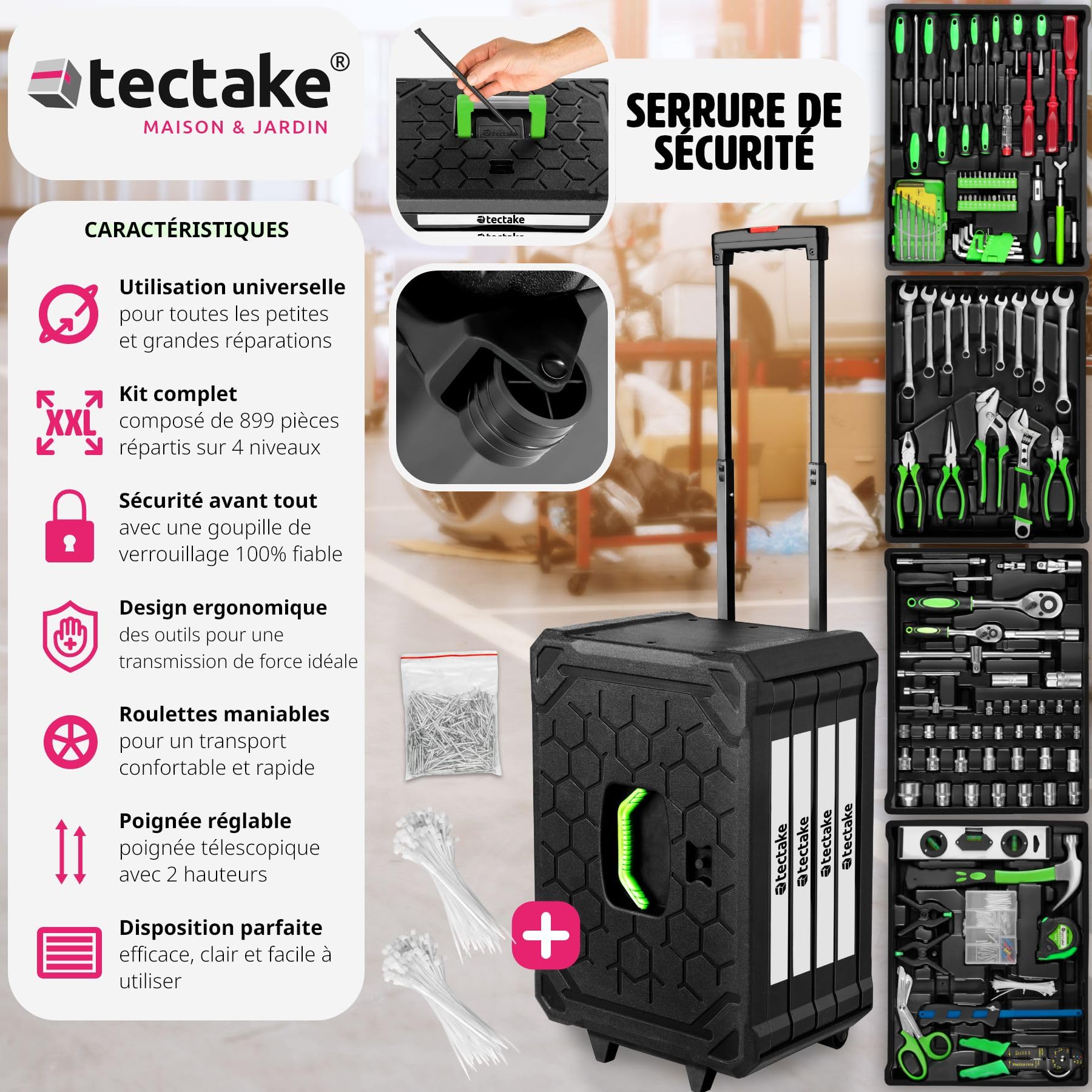 tectake® Caisse à outils sur roulettes Boîte à outils 899 Pièces 4 Compartiments, Rangement atelier Outillage à main Bricolage Embout visseuse Kit tournevis Rangement visserie