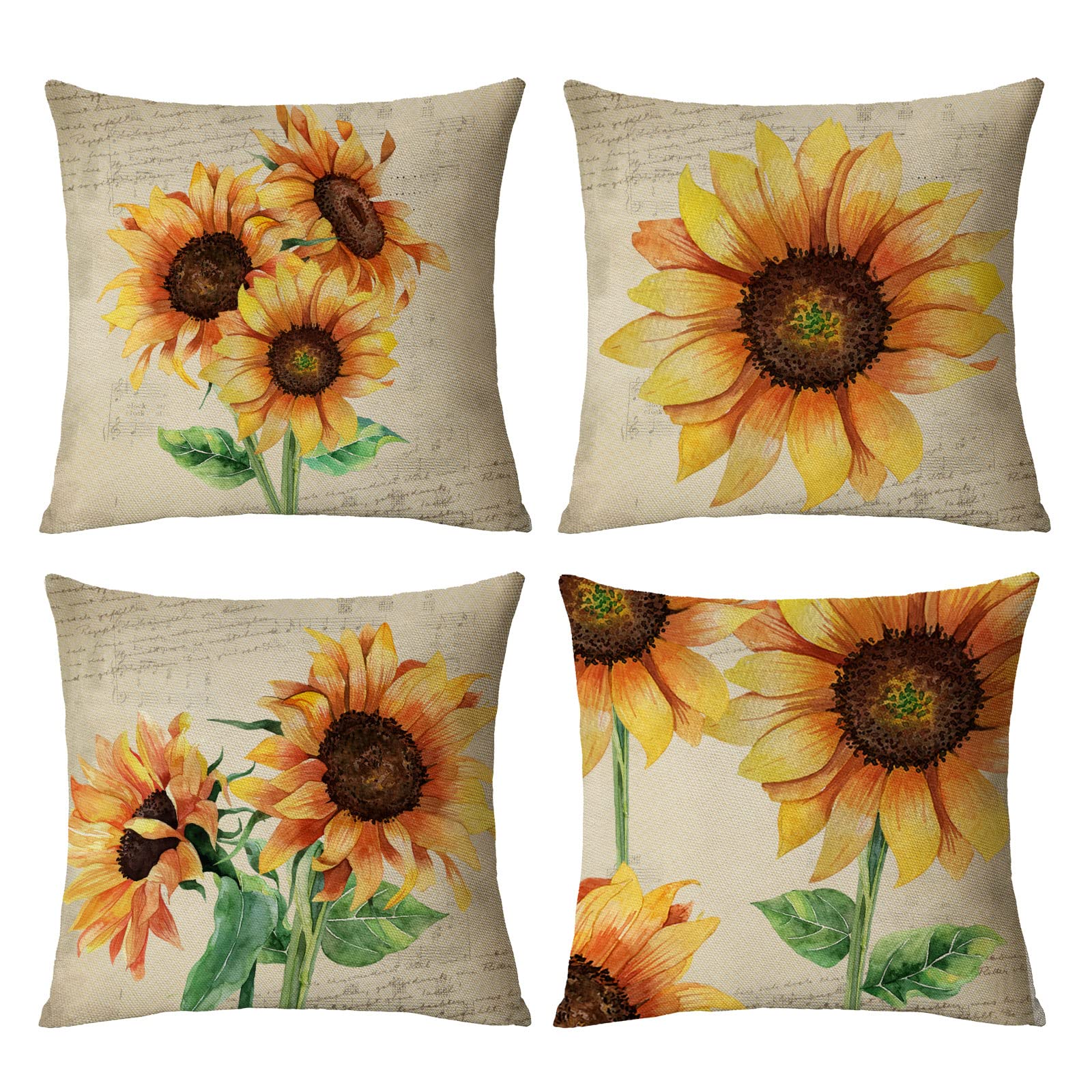 Neatee Living Set of 4 Sunflower Decorative Throw Pillow Covers 18x18 Inch Plant Pillow Covers Linen Square Pillow Cases Summer Flower Outdoor Sofa