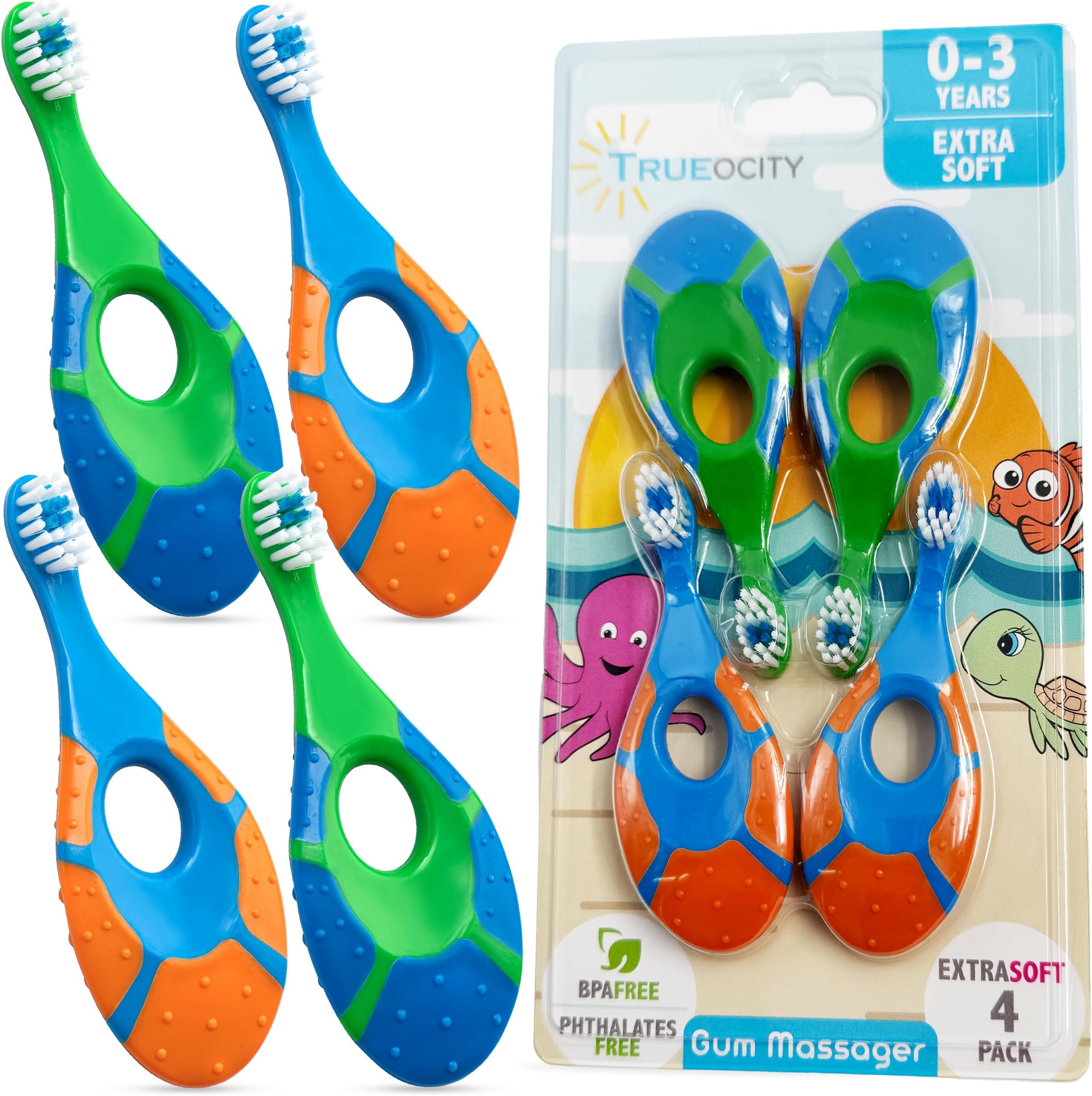 Baby Toothbrush 12 months and up - Toddler Toothbrush - Soft Bristles - Child Sized Brush Heads - infant toothbrush - Kids Tooth Brush - Easy Storage - BPA Free - Boy Set (4-Pack, Green, Orange, Blue)