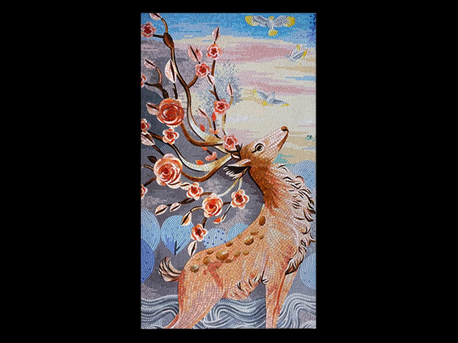 Handmade Doting Deer Glass Mosaic Wall Art, Deer Tile Mosaic Artwork, Hand-Cut Natural Tile Wildlife Wall Décor