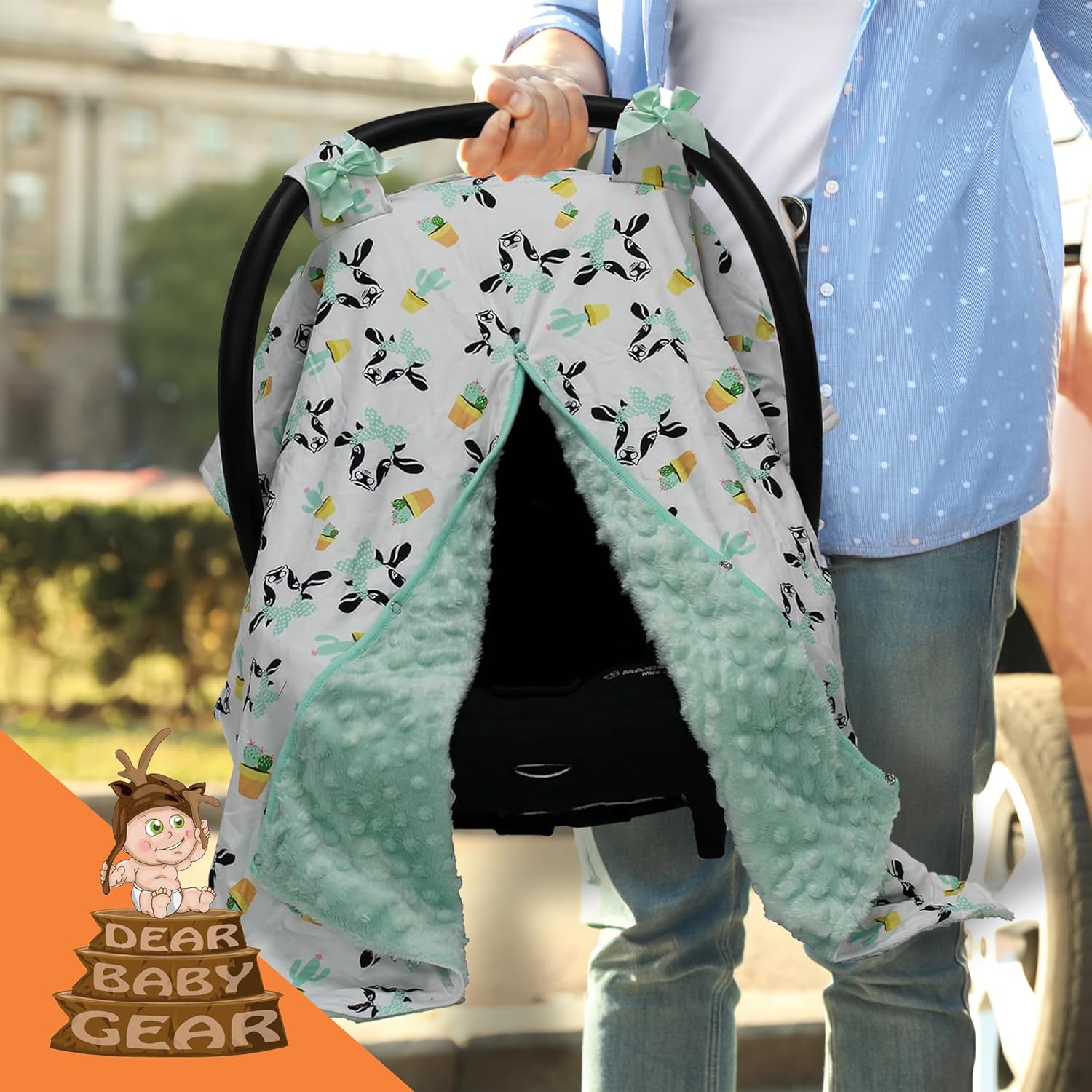 Dear Baby Gear Carseat Canopy - Car Seat Cover with Snap Opening for Girls & Boys - Infant Car Chair Canopies - Floral & Farm Prints - Nursing Covers -39"x32" (Cows and Cactus, Mint Dot)