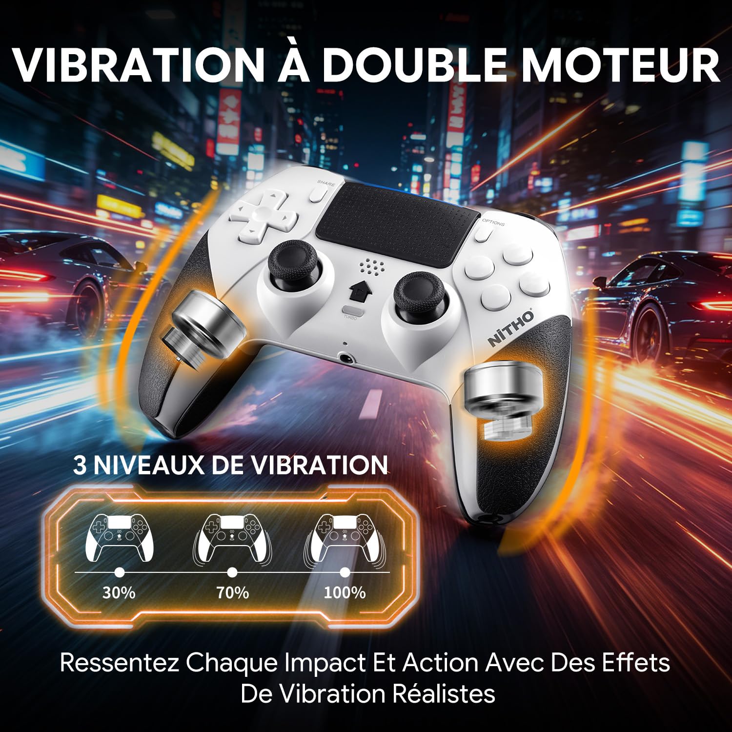 NITHO EVOLUTION Manette Sans Fil Compatible avec PS5 Pro/Slim, PC, iOS et Android, Joysticks à Effet Hall, Double Vibration, Turbo, Macro, Pavé Tactile, Capteur 6 Axes et Prise Jack 3,5 mm