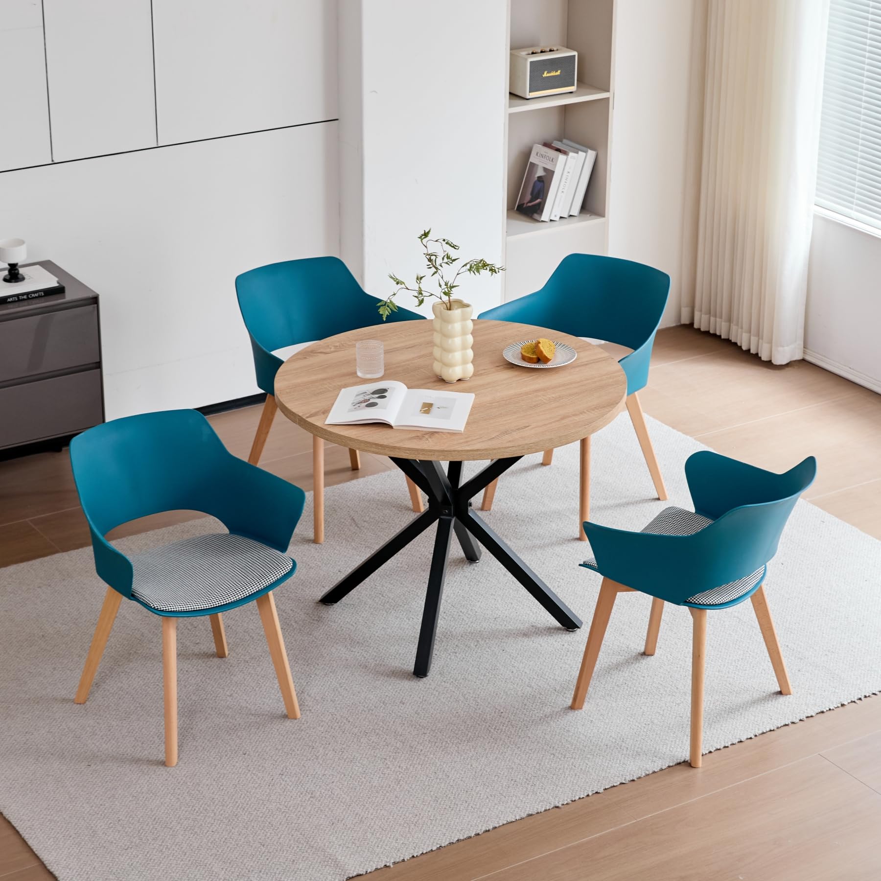 GrandCA HOME Lot de 4 Chaises de Cuisine Nordiques Chaise de Salle à Manger avec Pieds en Bois Massif, Chaises Rembourrées pour Chambre, Salon, Cuisine,Lac Bleu-N