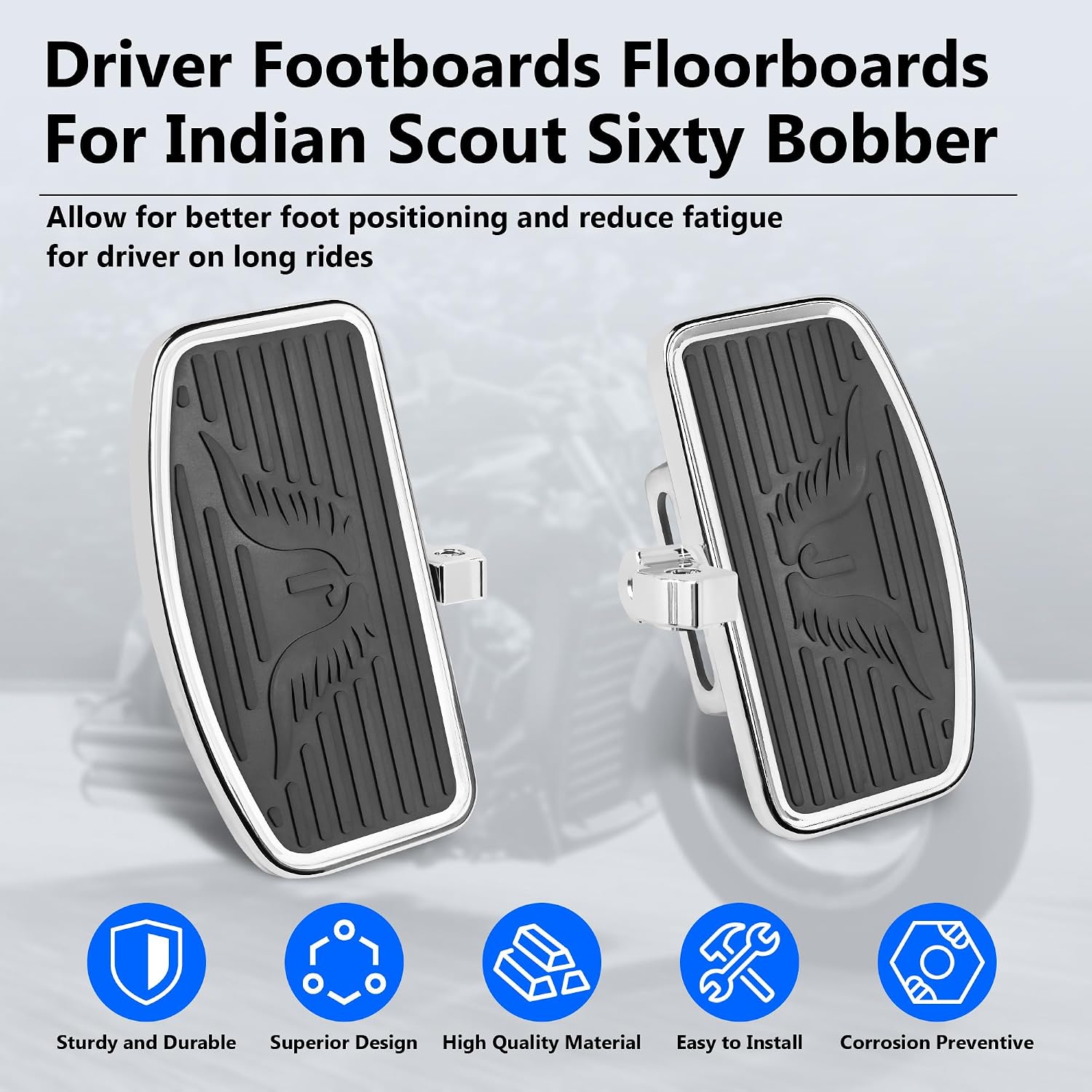 D-shaped Driver Footboards Front Rider Foot Rest Floorboards for Indian Scout Sixty Bobber 2015-2025 Models Foot Pegs Accessories(Chrome, J Wings)