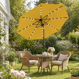 10FT Solar Patio Umbrella with 32 LED Lights, UPF 50+ UV Protection | Water-Resistant Polyester Canopy | 8 Reinforced Support Ribs | Designed for Gardens, Decks and Backyards