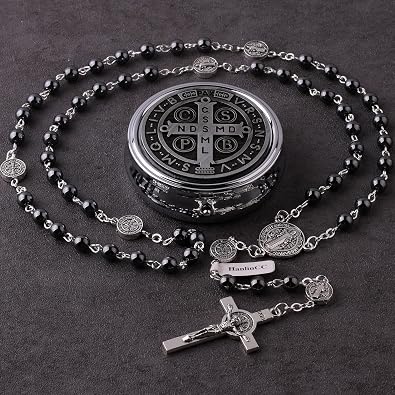 HanlinCC Catholic Rosary St.Benedict Necklace Hematite Beads with Gift Box | Silver plated Brass Sturdy Chain, Religious Jewelry for Adult Men and Women Communion, Pray, Baptism, Wedding