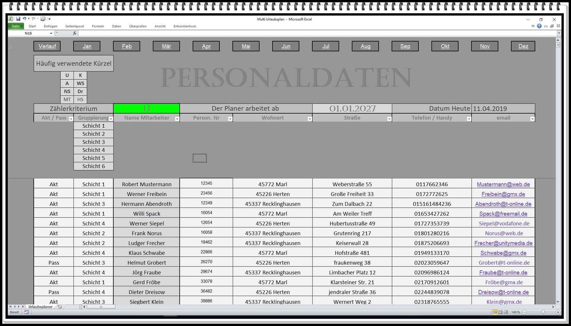Urlaubsplaner Dienstplaner Schichtplaner Excel Software bis 6 Abteilungen