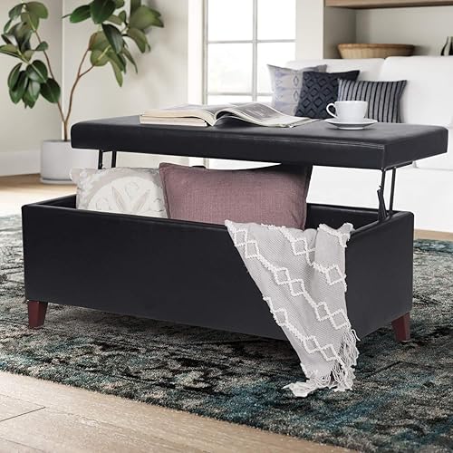 Miniatura 107 de Adeco Otomana de almacenamiento, banco tapizado rectangular de piel sintética con patas de madera, reposapiés, mesa de café para sala de estar,