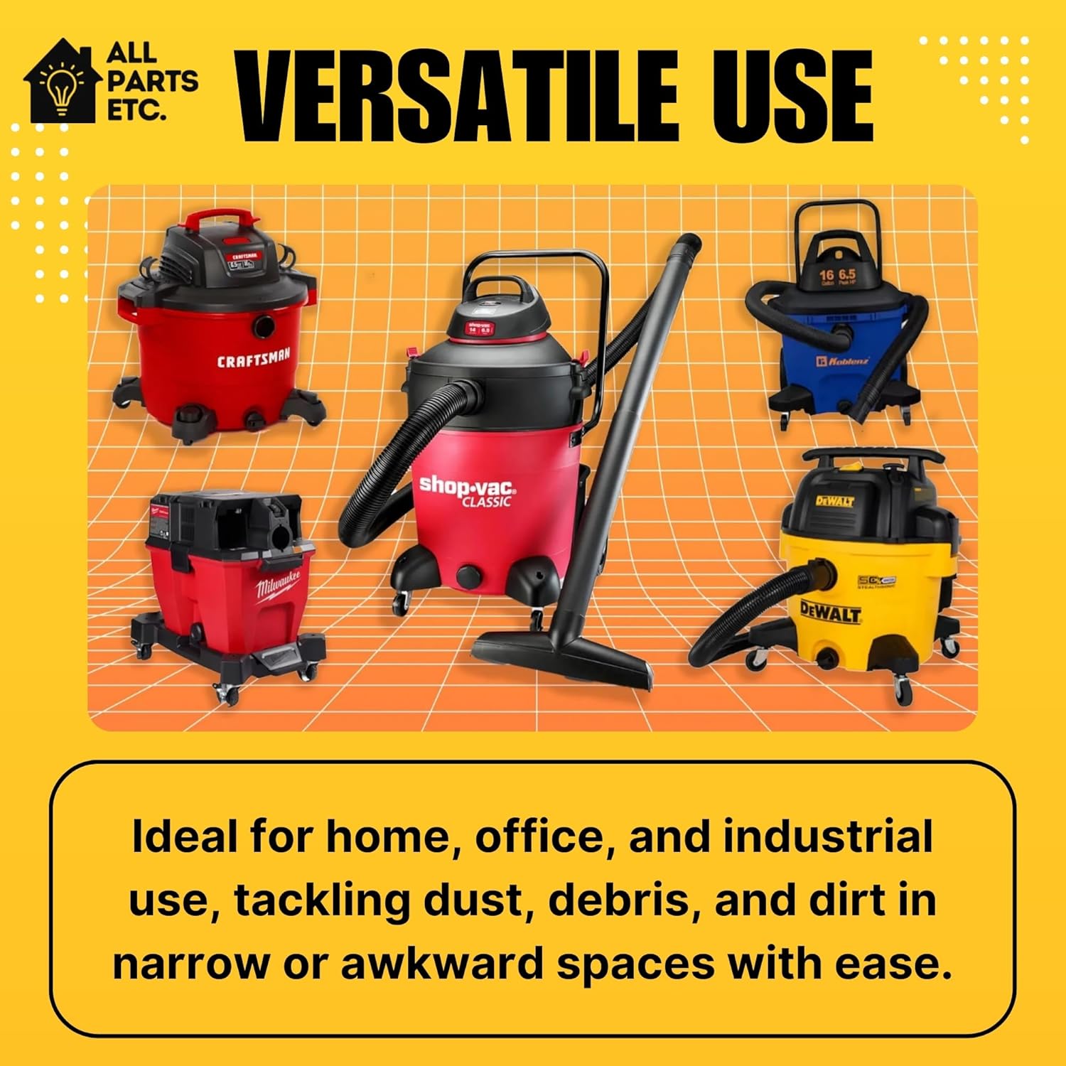 1.25" Flexible Flat Vacuum Crevice Tool/Under Side Refridgerators - 1.5" & 1.37" - 24" Long Hose Adaptor 2.5" to 1.25” Fits Wet Dry Vacuums - Shop Vac, Rigid, Workshop, Vac Master