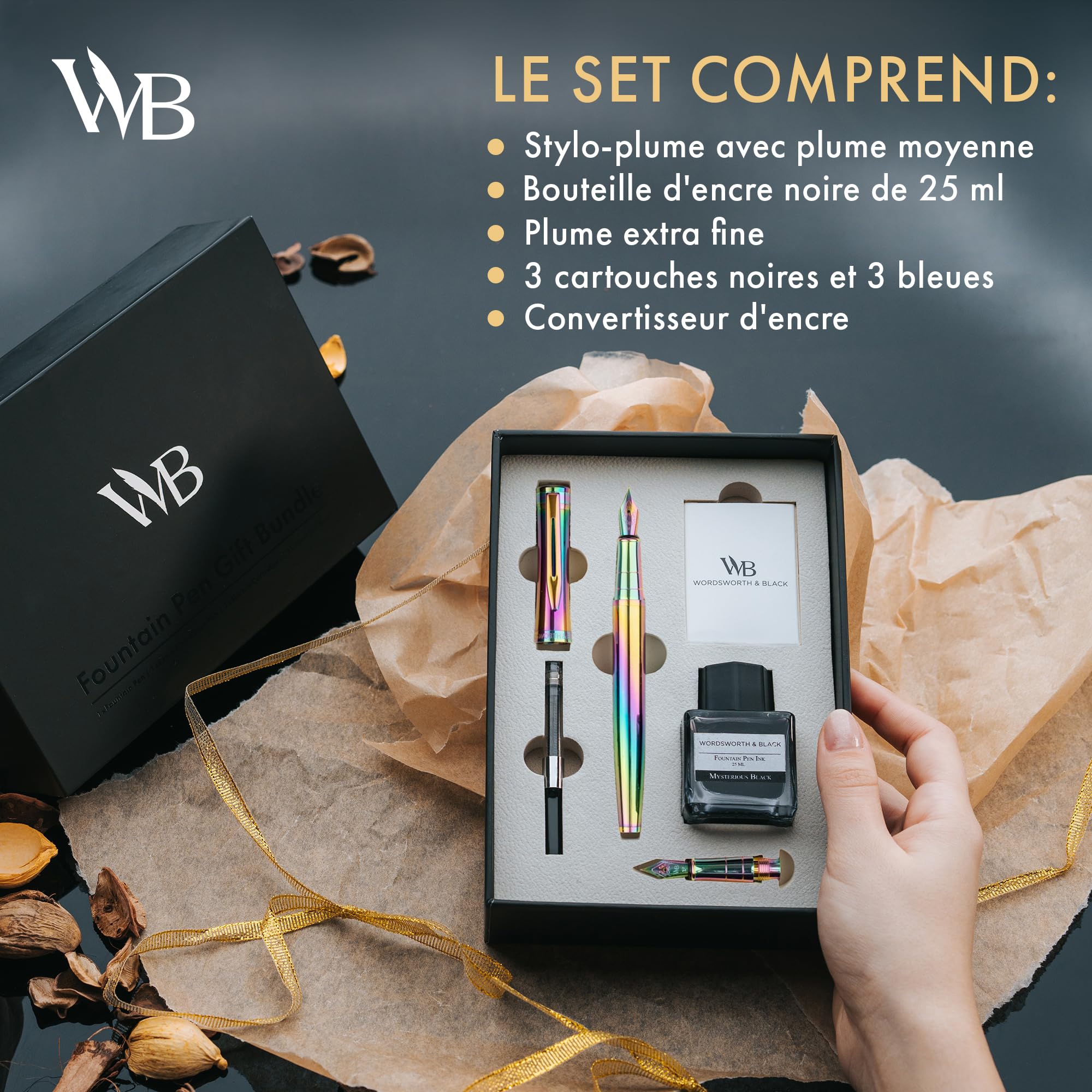 Wordsworth & Black Coffret stylo plume, plume m et extra-fine, arc-en-ciel | Pour hommes et femmes, corps en laiton, or 18 carats, flacon d'encre + 6 cartouches, convertisseur, écriture et calligraphie